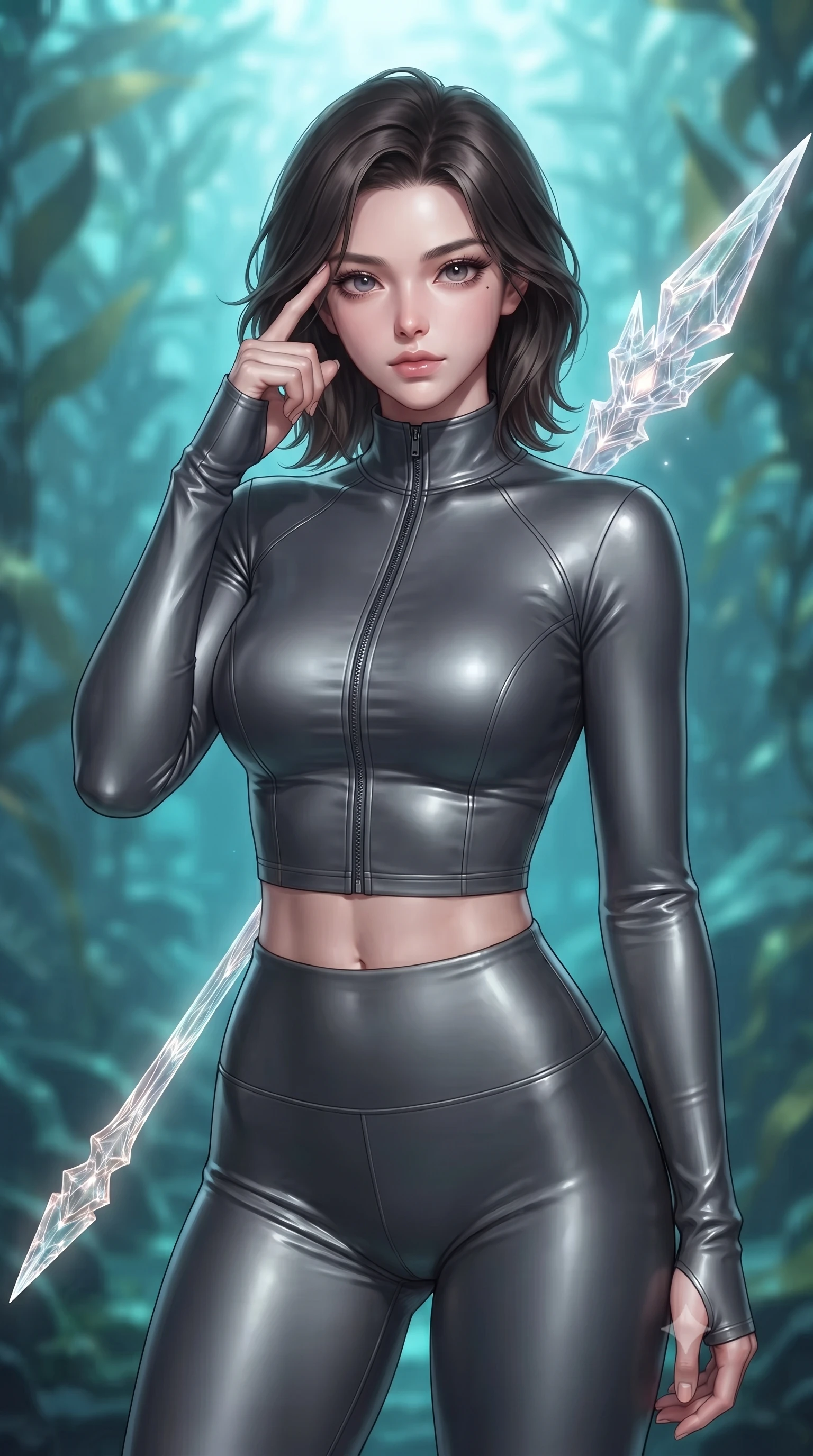 score_9, masterpiece, best quality, ultra-detailed, high-budget anime keyframe, editorial fashion photography, tasteful artistic composition, Korean woman. close-up cowboy shot from the waist and thighs up, the character dominates the composition, filling the frame with her large presence, background elements kept in soft focus. pressing two fingers to her temple while holding a light-spear diagonally behind her in a composed thoughtful gesture, the background shows a soft-focus a volcanic glass research tunnel running through a forest of glass kelp. She has an exceptionally elegant, slender, and willowy female figure with an ultra-slim waist, a gracefully sculpted slender torso, and a refined silhouette. sharp v-shaped jawline, high-bridge nose, intricate jewel-like eyes with depth, thick eyelashes, glossy lips with a natural sheen. wearing a form-contouring body-hugging high-neck activewear set of a tailored zip-up long-sleeve crop top and matching leggings in carbon-grey. ethereal turquoise light diffusing from the ocean floor, wrapping her form. ultra-reflective glossy finish, specular highlights, metallic sheen, high-contrast stereoscopic depth, volumetric dynamic lighting, 2k, ultra detail, master piece, 9:16 ratio