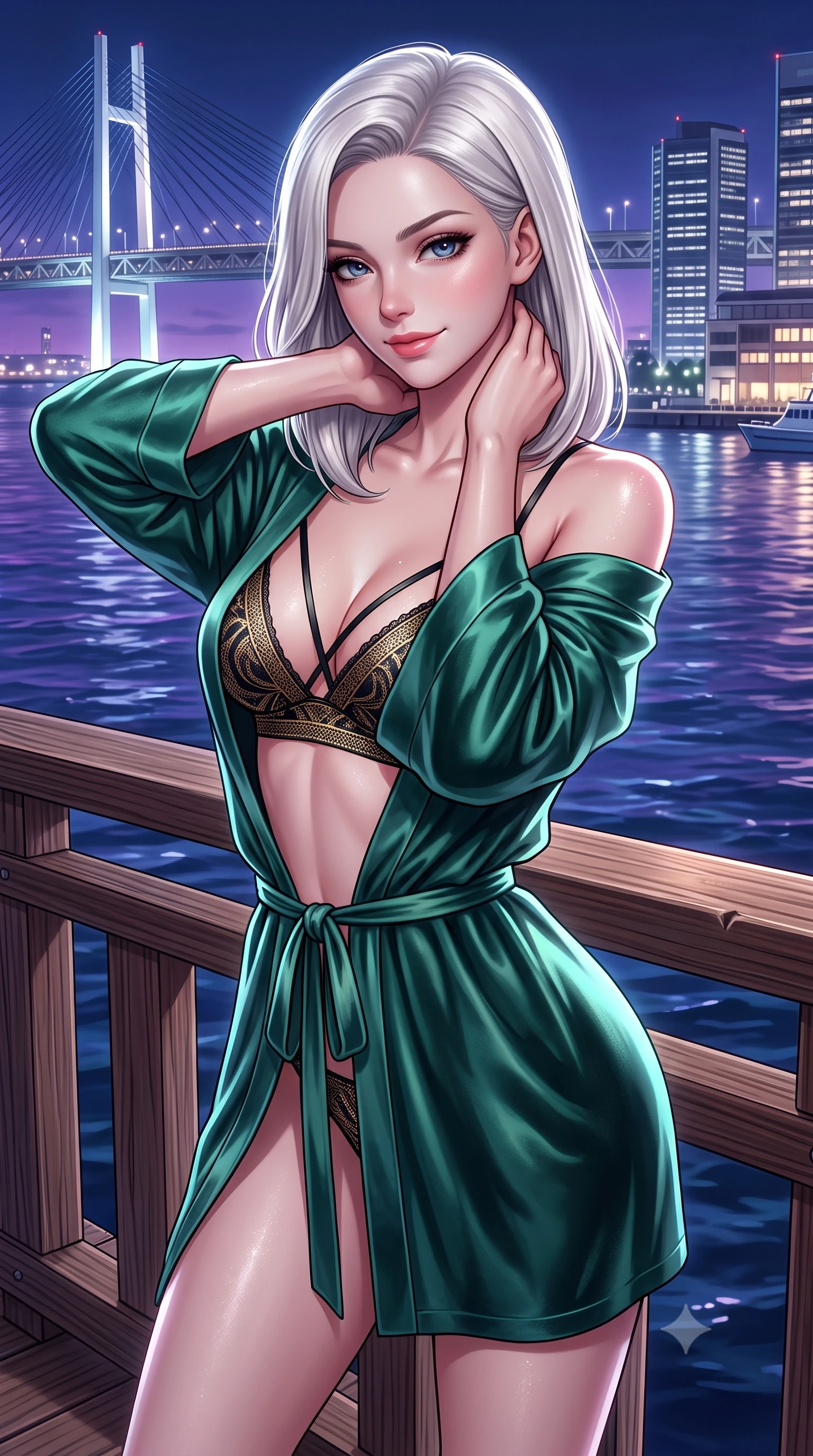 score_9, masterpiece, best quality, ultra-detailed, high-budget anime keyframe, semi-realistic 3D game render, editorial fashion photography, tasteful artistic composition, Caucasian woman. close-up cowboy shot from the waist and thighs up, the character dominates the composition, filling the frame with her large presence. resting both hands lightly behind her neck with elbows raised, arching her spine to highlight her narrow waist, flat midriff, and breathtaking collarbones while standing at the pier wooden railing overlooking the illuminated suspension bridge, arching her back with breathtaking city-pop romance. The surrounding environment is rendered in vivid detail and crisp panoramic clarity: detailed metallic knit fabric shine, dewy ocean air on skin, and modern harbor architecture in high resolution. She has an exceptionally elegant, slender, and willowy female figure with an ultra-slim waist, flat toned midriff, narrow ribcage, and sculpted feminine hips creating an alluring, slim hourglass silhouette without bulk. sharp v-shaped jawline, high-bridge nose, sparkling eyes with hypnotic seductive depth, thick curled eyelashes, glossy parted lips with a natural dewy peach sheen, alluring bedroom-eyes with an enchanting coquettish smile, exuding magnetic siren charisma and sophisticated glamour, flawlessly proportioned anatomical accuracy, strict slender model proportions, natural body alignment, perfectly sculpted long slender limbs, ultra-slim waistline, clean dynamic posture without body distortion. wearing a delicate semi-sheer jade silk boudoir robe worn loose and slipping off bare shoulders over a matching strappy bralette in midnight obsidian black and shimmering liquid champagne gold, tailored from ultra-plush velvet with rich tactile depth and deep shadow gradients, complemented by strappy stiletto sandals with crystal ankle wraps accentuating her slender calves, the liquid-tight tailored fabric clinging flawlessly to her narrow waist and rounded feminine hips, emphasizing every millimeter of her sculpted slim hourglass curves without any bulky heaviness. illuminated by harbor water moonbeam bounce and sharp platinum rim lights defining her collarbones, narrow waist, and curvy hips. highly saturated vibrant anime colors, detailed shading with soft gradients, rich glossy textures, high-contrast stereoscopic depth, volumetric dynamic lighting, master piece, 9:16 ratio