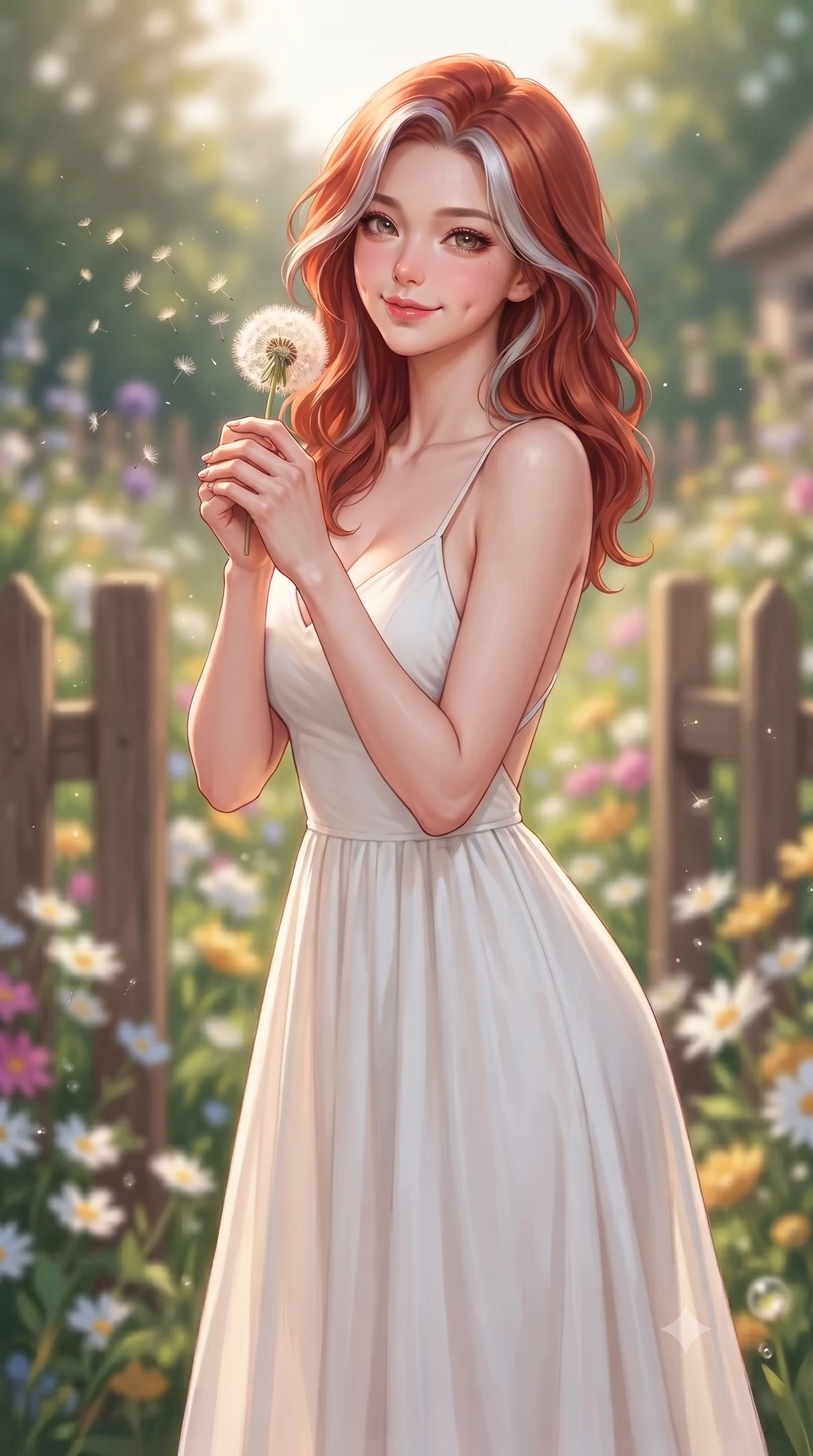score_9, masterpiece, best quality, ultra-detailed, high-budget anime keyframe, editorial fashion photography, tasteful artistic composition, Caucasian woman. close-up cowboy shot from the waist and thighs up, the character dominates the composition, filling the frame with her large presence, background elements kept in soft focus. smiling with soft, captivating dimples, casting a warm yet magnetic gaze directly into the lens set against a soft-focus background of in a lovely cottage garden filled with mixed cottage flowers and wooden fences holding a fluffy dandelion clock, ready to blow the seeds with a cute smile. She has an exceptionally elegant, slender, and willowy female figure with an ultra-slim waist, a gracefully sculpted slender torso, and a refined silhouette. sharp v-shaped jawline, high-bridge nose, intricate jewel-like eyes with depth, thick eyelashes, glossy lips with a natural sheen. wearing form-contouring backless cotton sundress in white, featuring delicate straps and a long flowing skirt. warm morning sunbeams creating fresh dewdrop glints on the flower petals. highly saturated vibrant anime colors, detailed shading with soft gradients, rich glossy textures, high-contrast stereoscopic depth, volumetric dynamic lighting, master piece, 9:16 ratio