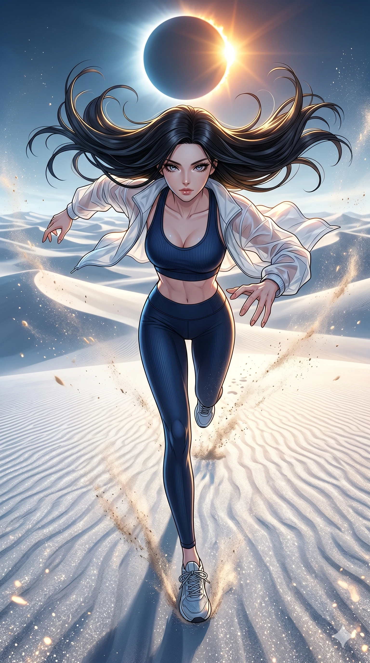 score_9, masterpiece, best quality, ultra-detailed, high-budget anime movie keyframe, cinematic anime lighting, intricate line art, Japanese woman. Extreme high angle shot as she leaps towards the camera, filling the frame. sprinting towards a solar eclipse in a desert of white sand. She has an absolutely perfect 8-heads proportion, an exceptionally tall and slender female figure with an ultra-slim waist and impossibly long slender legs. strictly human anatomy, two legs only, no extra limbs, clearly defined legs and arms, perfect anatomy, perfect hands and fingers. sharp v-shaped jawline, high-bridge nose, intricate jewel-like eyes, thick eyelashes, glossy lips. Wearing Premium Athleisure: Ribbed sports bra and leggings set, sheer windbreaker, and sleek high-performance activewear. The scene is illuminated by dramatic atmospheric lighting and vibrant color palettes. , 2k, ultra detail, master piece, 9:16 ratio