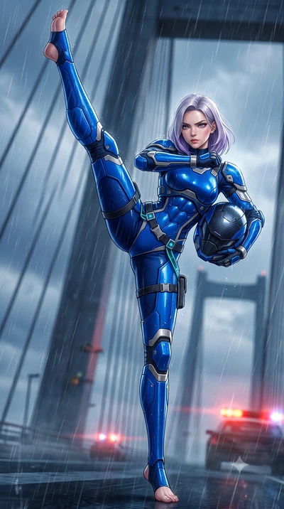 score_9, masterpiece, best quality, ultra-detailed, high-budget anime keyframe, semi-realistic 3D game render, editorial fashion photography, tasteful artistic composition, Caucasian woman. low angle full-body shot from head to toe showing her feet, 