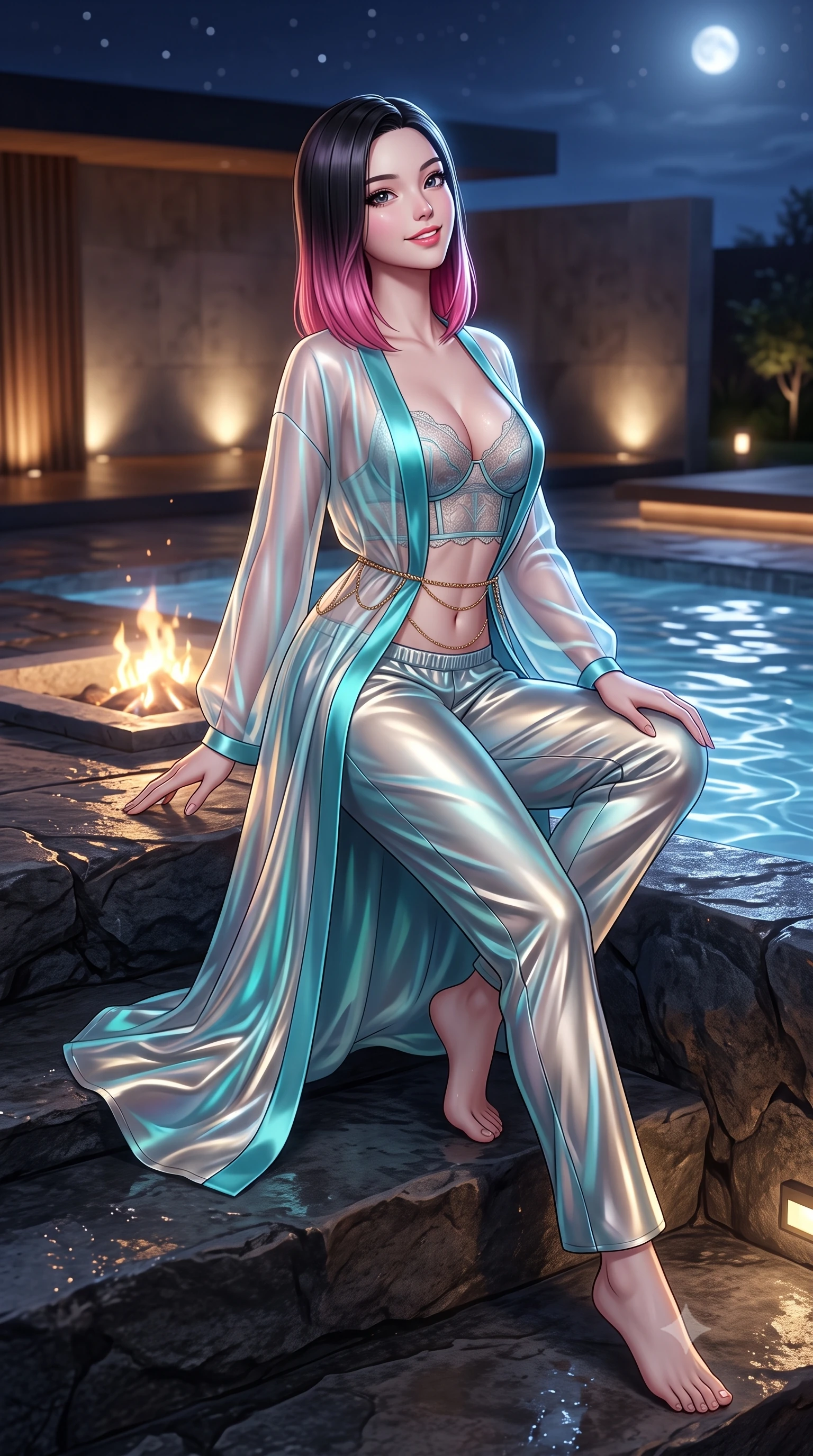 score_9, masterpiece, best quality, ultra-detailed, high-budget anime keyframe, semi-realistic 3D game render, editorial fashion photography, tasteful artistic composition, Korean woman. low angle full-body shot from head to toe showing her feet, filling the entire 9:16 vertical frame with her statuesque presence, stretching her vertical silhouette. sitting poised on the stone steps with one knee bent, arching her spine with supermodel elegance as she glances upward through thick eyelashes while twisting her slender torso in an alluring contrapposto stance beside the sunken hearth, starlight and water ripples tracing her flat midriff. The background shows a soft-focus concealed floor downlights softened in Scandinavian minimalist spa shallow focus. She has an exceptionally tall and slender model-like 8.5-heads proportion, an ultra-slim waist, a flat toned midriff, narrow delicate ribcage, and beautifully sculpted feminine hips creating a graceful, slim hourglass silhouette without any bulky heaviness, with impossibly long slender legs. sharp v-shaped jawline, high-bridge nose, intricate jewel-like sparkling eyes with depth, thick eyelashes, glossy parted lips with a natural peach sheen, bright cheerful beaming smile with an enchanting and coquettish sensual glint, exuding both youthful cute charm and seductive allure, flawlessly proportioned anatomical accuracy, strict slender model proportions, natural body alignment, perfectly sculpted long slender limbs, ultra-slim waistline, clean dynamic posture without body distortion. wearing a delicate translucent silk organza wrap robe worn loose over a sheer lace demi-bustier and satin tap pants in Neo-Carthage holographic cyan and solar chrome, crafted from fluid liquid silk satin that clings smoothly to her narrow waist and rounded hips with a dewy sheen, accented with an open-back drape framed by falling strands of delicate gold chains, the liquid-tight tailored fabric clinging flawlessly to her narrow waist and rounded feminine hips, emphasizing every millimeter of her sculpted slim hourglass curves without any bulky heaviness. bathed in cool moonlight and starlight balanced with warm 2700K architectural recessed ledge downlights. highly saturated vibrant anime colors, detailed shading with soft gradients, rich glossy textures, high-contrast stereoscopic depth, volumetric dynamic lighting, master piece, 9:16 ratio