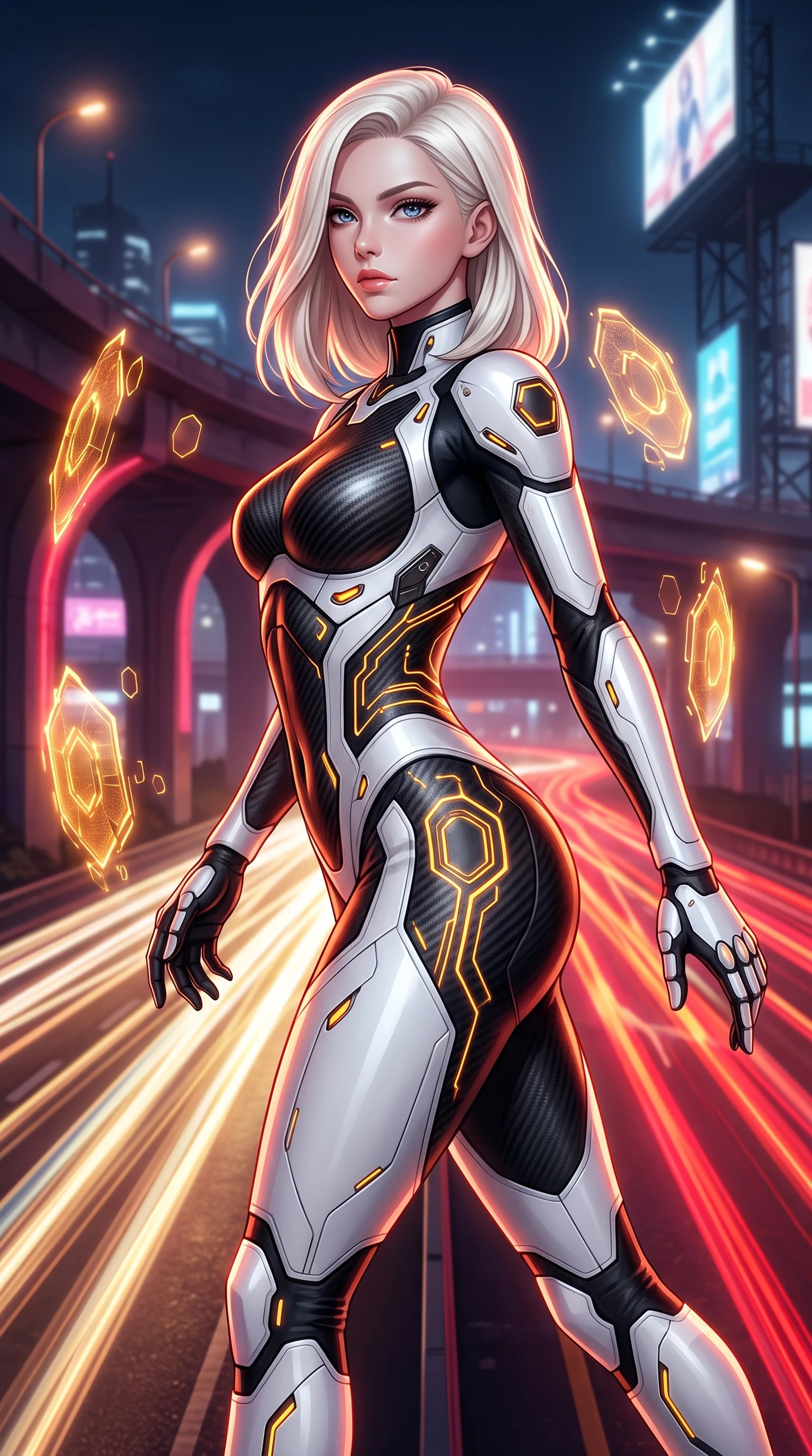 score_9, masterpiece, best quality, ultra-detailed, high-budget anime keyframe, semi-realistic 3D game render, editorial fashion photography, tasteful artistic composition, Caucasian woman. close-up cowboy shot from the waist and thighs up, the character dominates the composition, filling the frame with her large presence. stretching forward with an alluring arch of her spine, glancing over her shoulder with divine self-assurance and magnetic intensity while striding commanding down an elevated neon-lit expressway as autonomous cyber-traffic speeds past in blurred light trails. The composition keeps background elements in soft focus with creamy bokeh. expressway overpass arches and towering billboard scaffoldings softened in moody shallow depth of field. She has an exceptionally elegant, slender, and willowy female figure with an ultra-slim waist, a gracefully sculpted slender torso, toned flat midriff, and a refined slim silhouette. sharp v-shaped jawline, high-bridge nose, intricate jewel-like eyes with depth, thick eyelashes, glossy lips with a natural sheen, flawlessly proportioned anatomical accuracy, strict slender model proportions, natural body alignment, perfectly sculpted long slender limbs, ultra-slim waistline, clean dynamic posture without body distortion. wearing a high-contrast monochrome white-and-black carbon-composite exoskeleton suit with glowing amber circuitry, deploying floating hexagonal holographic energy shields with sovereign grace in molten amber-gold carbon cuirass with dark titanium weave, crafted from ultra-strong woven carbon-fiber composite with a satin luster, featuring a sleek aerodynamic collar framed by subtle glowing cybernetic status LEDs, the liquid-tight tailored fabric emphasizing every curve of her tall, slender model proportions and sculptured silhouette during dynamic movement. bathed in blazing neon crimson and golden traffic trail backlighting with crisp streetlamp fill. rich saturated anime colors with glowing neon highlights, detailed shading with soft gradients, rich glossy textures, high-contrast stereoscopic depth, volumetric dynamic lighting, master piece, 9:16 ratio