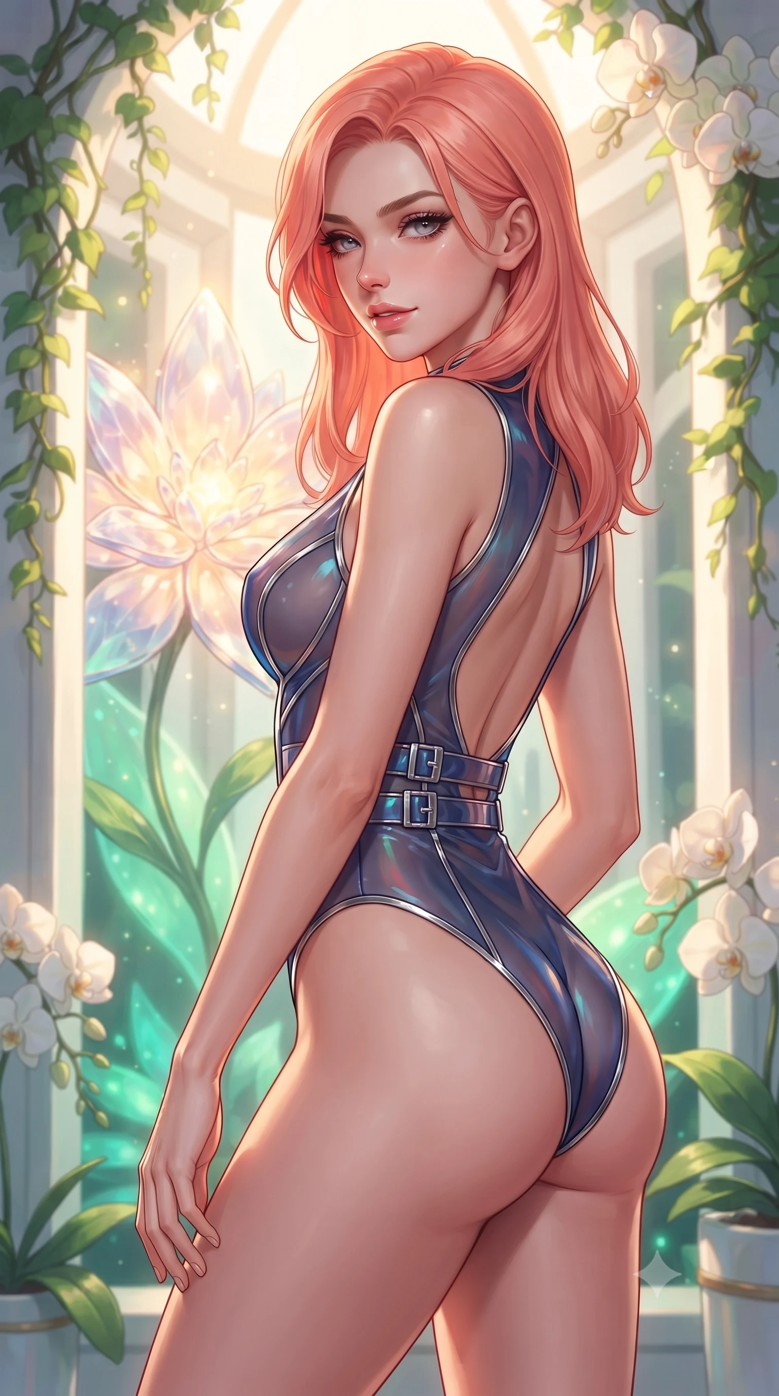 score_9, masterpiece, best quality, ultra-detailed, high-budget anime keyframe, editorial fashion photography, tasteful artistic composition, Japanese woman. close-up cowboy shot from the waist and thighs up, the character dominates the composition, filling the frame with her large presence, background elements kept in soft focus. Glancing sidelong over her shoulder with a smoldering half-smile and heavy lashes resting near a giant solar-powered crystal flower emitting soft warm light, lush green vines and white orchids framing the bright architectural backdrop. She has an exceptionally elegant, slender, and willowy female figure with an ultra-slim waist, a gracefully sculpted slender torso, and a refined silhouette. sharp v-shaped jawline, high-bridge nose, intricate jewel-like eyes with depth, thick eyelashes, glossy lips with a natural sheen. wearing a high-cut translucent vinyl leotard with front paneling and open back in midnight navy blue and chrome trim, crafted from iridescent chiffon that shifts colors in the light, detailed with polished silver buckles along the waistline, the tailored fabric tightly following every curve of her athletic build. bathed in warm golden sunlight and soft emerald bioluminescent glow. highly saturated vibrant anime colors, detailed shading with soft gradients, rich glossy textures, high-contrast stereoscopic depth, volumetric dynamic lighting, master piece, 9:16 ratio