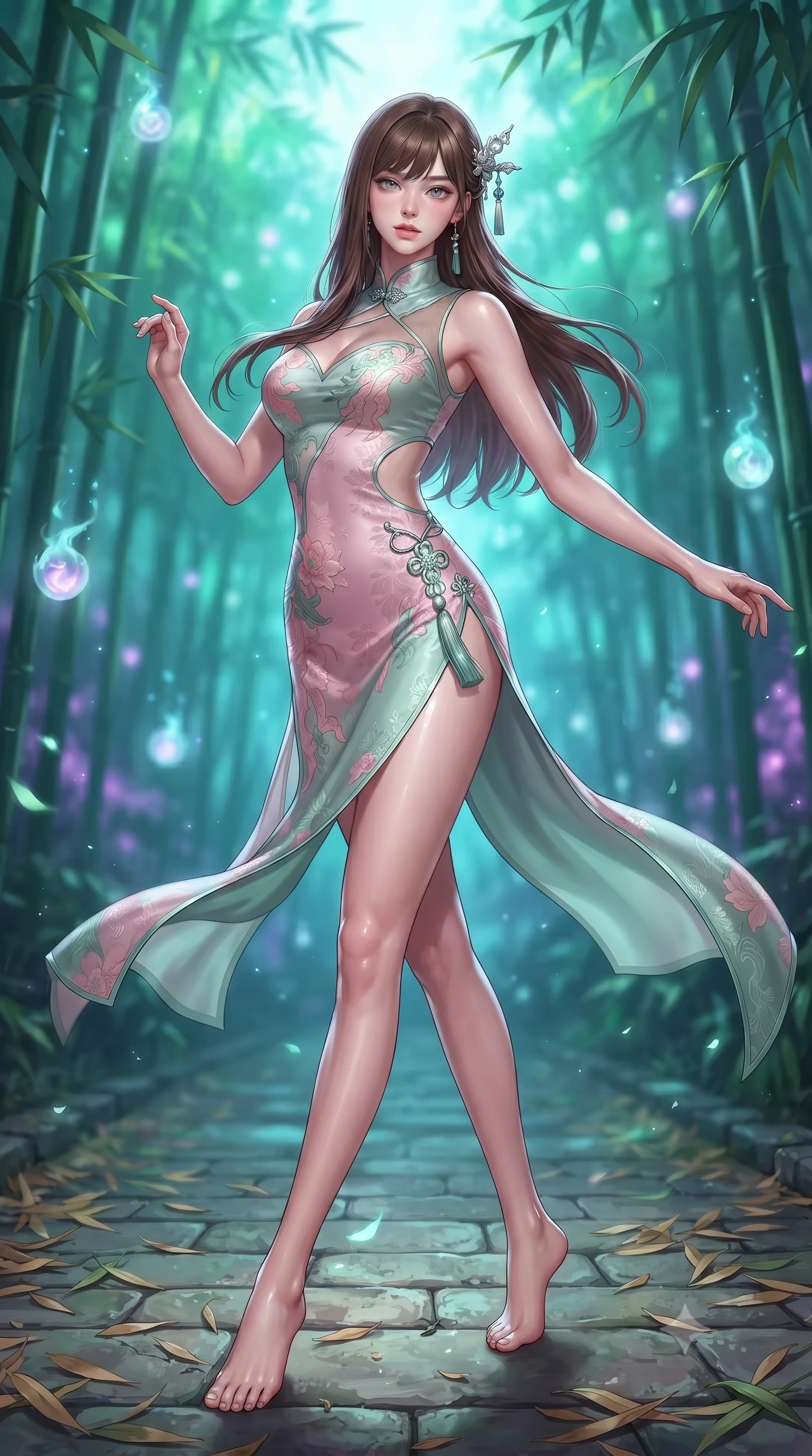 score_9, masterpiece, best quality, ultra-detailed, high-budget anime keyframe, editorial fashion photography, tasteful artistic composition, Korean woman. low angle full-body shot from head to toe showing her feet, filling the entire 9:16 vertical frame with her statuesque presence, stretching her vertical silhouette. executing an elegant mid-motion spin with effortless grace, her garments fluttering softly around her ultra-slim waistline while striding along a stone path covered in fallen bamboo leaves with effortless, otherworldly supernatural balance. The composition keeps background elements in soft focus with creamy bokeh. towering bamboo groves and floating spirit orbs blurred into luminous emerald, cyan, and amethyst bokeh. She has an absolutely perfect, statuesque 8.5-heads proportion, an exceptionally tall and slender model-like female figure with impossibly long slender legs, a toned flat midriff, and an ultra-slim waist. sharp v-shaped jawline, high-bridge nose, intricate jewel-like eyes with depth, thick eyelashes, glossy lips with a natural sheen, captivating and magnetic expression, flawlessly proportioned anatomical accuracy, strict slender model proportions, natural body alignment, perfectly sculpted long slender limbs, ultra-slim waistline, clean dynamic posture without body distortion. wearing a dragon-embroidered silk cheongsam modern dress with asymmetrical sheer mesh cutouts and high Mandarin collar in lotus petal pink and jade mist, made of liquid-smooth silk satin with subtle floral jacquard, accented with a glowing metallic norigae knot charm and silver hairpin, the precision-cut daring openings accentuating her delicate midriff, graceful bare collarbones, and ultra-slim feminine waistline. bathed in magical cyan spirit flame luminescence and soft moonlit fog fill. ultra-reflective glossy finish, specular highlights, rich textural contrasts, high-contrast stereoscopic depth, volumetric dynamic lighting, 2k, ultra detail, master piece, 9:16 ratio