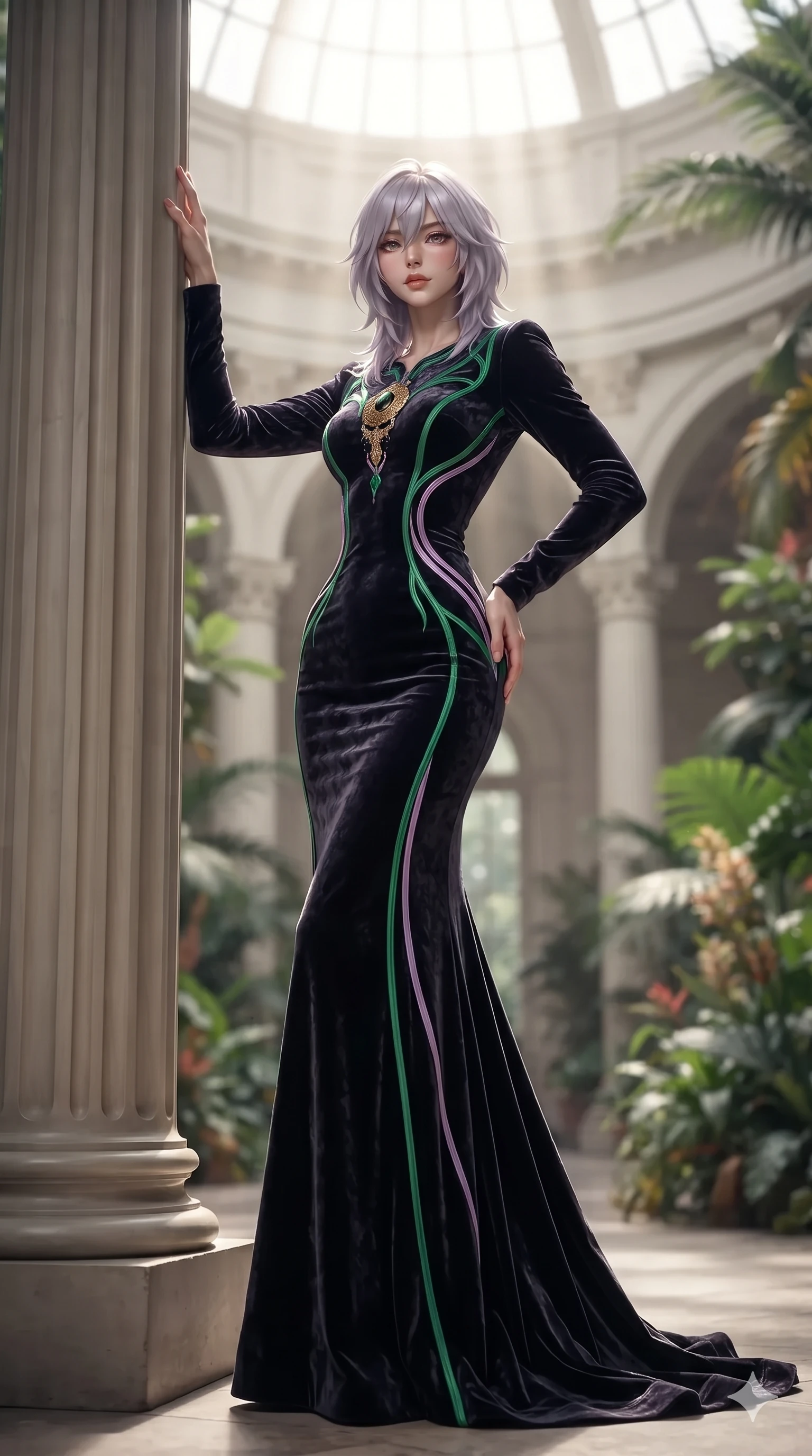 score_9, masterpiece, best quality, ultra-detailed, high-budget anime keyframe, editorial fashion photography, tasteful artistic composition, Japanese woman. low angle full-body shot from head to toe showing her feet, filling the entire 9:16 vertical frame with her statuesque presence, stretching her vertical silhouette. standing tall beside the architectural column, one hand resting high while arching her lower back to emphasize her sculpted feminine hips and slender waist while twisting her slender torso in an alluring contrapposto stance, dramatic skylight rays carving specular highlights along her flat midriff. The background shows a soft-focus grand botanical palace rotunda softened in neoclassical shallow focus. She has an absolutely perfect, statuesque 8.5-heads proportion, an exceptionally tall and slender model-like female figure with impossibly long slender legs, an ultra-slim waist, a flat toned midriff, narrow delicate ribcage, and beautifully sculpted feminine hips creating a graceful, slim hourglass silhouette without any bulky heaviness. sharp v-shaped jawline, high-bridge nose, sparkling eyes with hypnotic seductive depth, thick curled eyelashes, glossy parted lips with a natural dewy peach sheen, alluring bedroom-eyes with an enchanting coquettish smile, exuding magnetic siren charisma and sophisticated glamour, flawlessly proportioned anatomical accuracy, strict slender model proportions, natural body alignment, perfectly sculpted long slender limbs, ultra-slim waistline, clean dynamic posture without body distortion. wearing a bespoke long-sleeve silk faille evening gown with clean architectural botanical seams in vibrant jungle monstera green and dewy orchid lavender, tailored from crushed dark velvet with deep light-absorbing plush texture, finished with an authentic engraved gold medallion and obsidian cabochons, the impeccably tailored cut draping gracefully along her slender figure with aristocratic botanical poise. bathed in vertical shafts of dramatic midday sunlight beaming down directly through the apex cupola. ultra-reflective glossy finish, specular highlights, rich textural contrasts, high-contrast stereoscopic depth, volumetric dynamic lighting, 2k, ultra detail, master piece, 9:16 ratio