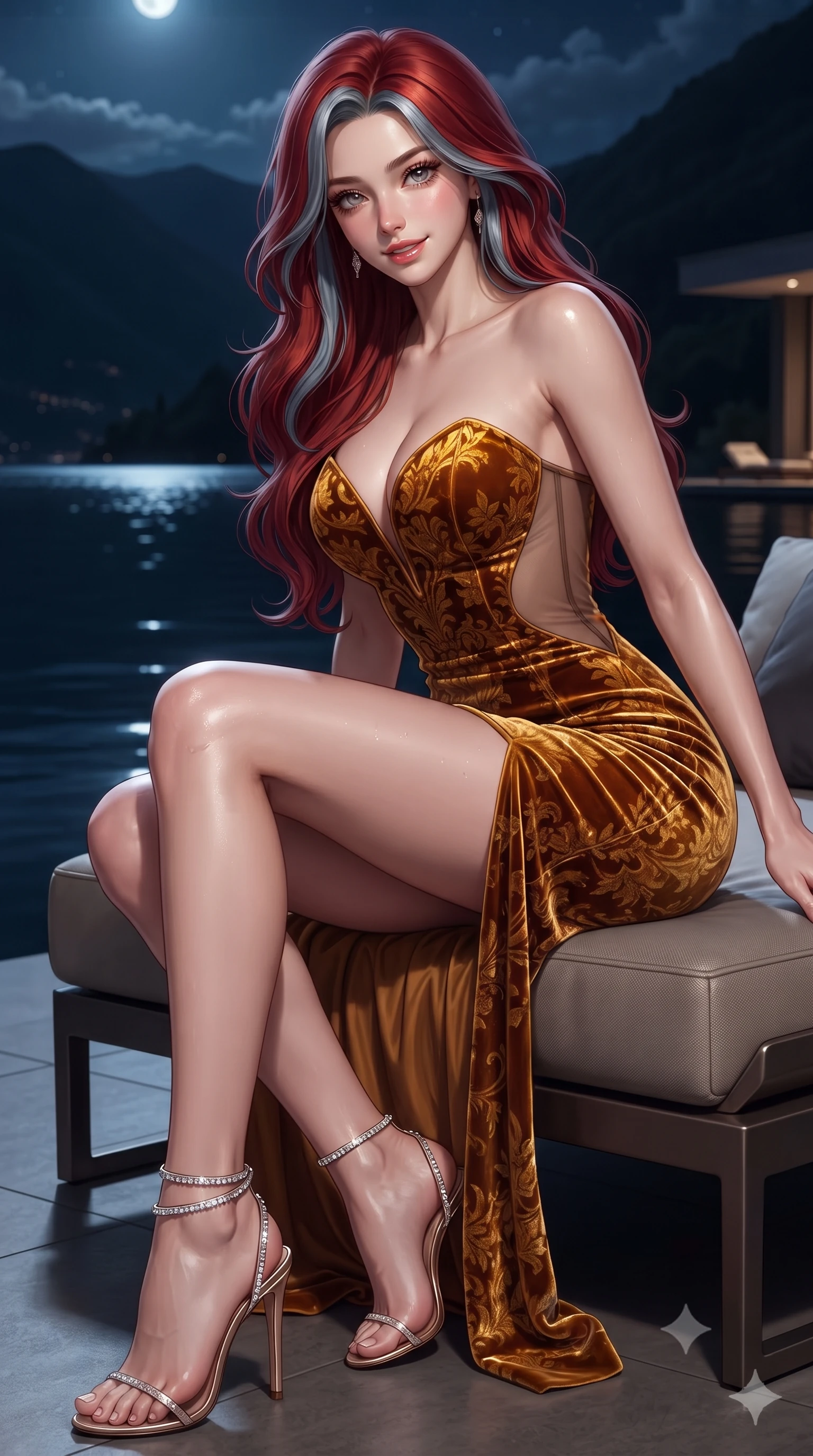 score_9, masterpiece, best quality, ultra-detailed, high-budget anime keyframe, editorial fashion photography, tasteful artistic composition, Caucasian woman. close-up cowboy shot from the waist and thighs up, the character dominates the composition, filling the frame with her large presence. perched sideways on the lounge seat, one knee drawn up to showcase her slender leg line while her arched back accentuates her feminine hip curve while twisting her slender torso in an alluring S-curve, dark mountain lake reflections playing across her narrow waist, midriff, and hips. The surrounding environment is rendered in vivid detail and crisp panoramic clarity: detailed backless halterneck column dress drape, dewy skin highlights, and Italian architectural minimalism in high resolution. She has an exceptionally elegant, slender, and willowy female figure with an ultra-slim waist, flat toned midriff, narrow ribcage, and sculpted feminine hips creating an alluring, slim hourglass silhouette without bulk. sharp v-shaped jawline, high-bridge nose, sparkling eyes with hypnotic seductive depth, thick curled eyelashes, glossy parted lips with a natural dewy peach sheen, alluring bedroom-eyes with an enchanting coquettish smile, exuding magnetic siren charisma and sophisticated glamour, flawlessly proportioned anatomical accuracy, strict slender model proportions, natural body alignment, perfectly sculpted long slender limbs, ultra-slim waistline, clean dynamic posture without body distortion. wearing a deep sweetheart-neckline velvet bodycon dress with sheer side-torso cutouts accentuating her hourglass curves in warm amber honey and antique gold leaf, tailored from ultra-plush velvet with rich tactile depth and deep shadow gradients, complemented by strappy stiletto sandals with crystal ankle wraps accentuating her slender calves, the form-contouring silhouette accentuating her sculpted flat midriff, narrow delicate ribcage, and gracefully curvy hips with intoxicating allure. bathed in cool moonlight reflecting from the lake surface mixed with warm recessed terrace lighting. ultra-reflective glossy finish, specular highlights, rich textural contrasts, high-contrast stereoscopic depth, volumetric dynamic lighting, 2k, ultra detail, master piece, 9:16 ratio