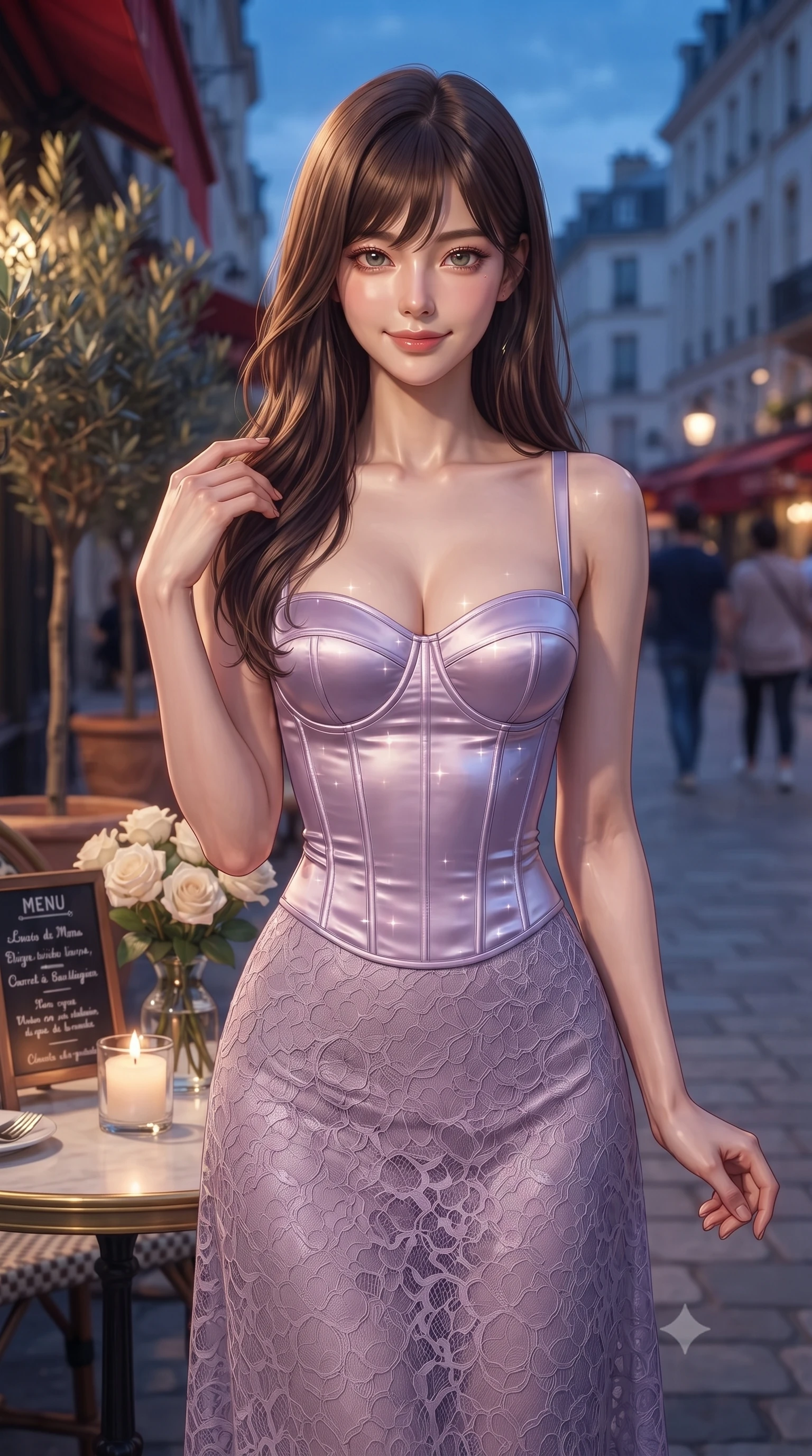 score_9, masterpiece, best quality, ultra-detailed, high-budget anime keyframe, editorial fashion photography, tasteful artistic composition, Korean woman. close-up cowboy shot from the waist and thighs up, the character dominates the composition, filling the frame with her large presence, background elements kept in soft focus. gazing at the camera with a warm, lovely smile and cute, friendly eye contact set against a soft-focus background of on a lively street-side bistro terrace next to potted olive trees with a small menu board and a vase of white roses on the table. She has an exceptionally elegant, slender, and willowy female figure with an ultra-slim waist, a gracefully sculpted slender torso, and a refined silhouette. sharp v-shaped jawline, high-bridge nose, intricate jewel-like eyes with depth, thick eyelashes, glossy lips with a natural sheen. wearing slim-fit tailored bustier corset in soft lavender silk with a semi-opaque lace long skirt. soft candle light clashing with the cool blue city twilight sky outside. ultra-reflective glossy finish, specular highlights, metallic sheen, high-contrast stereoscopic depth, volumetric dynamic lighting, 2k, ultra detail, master piece, 9:16 ratio