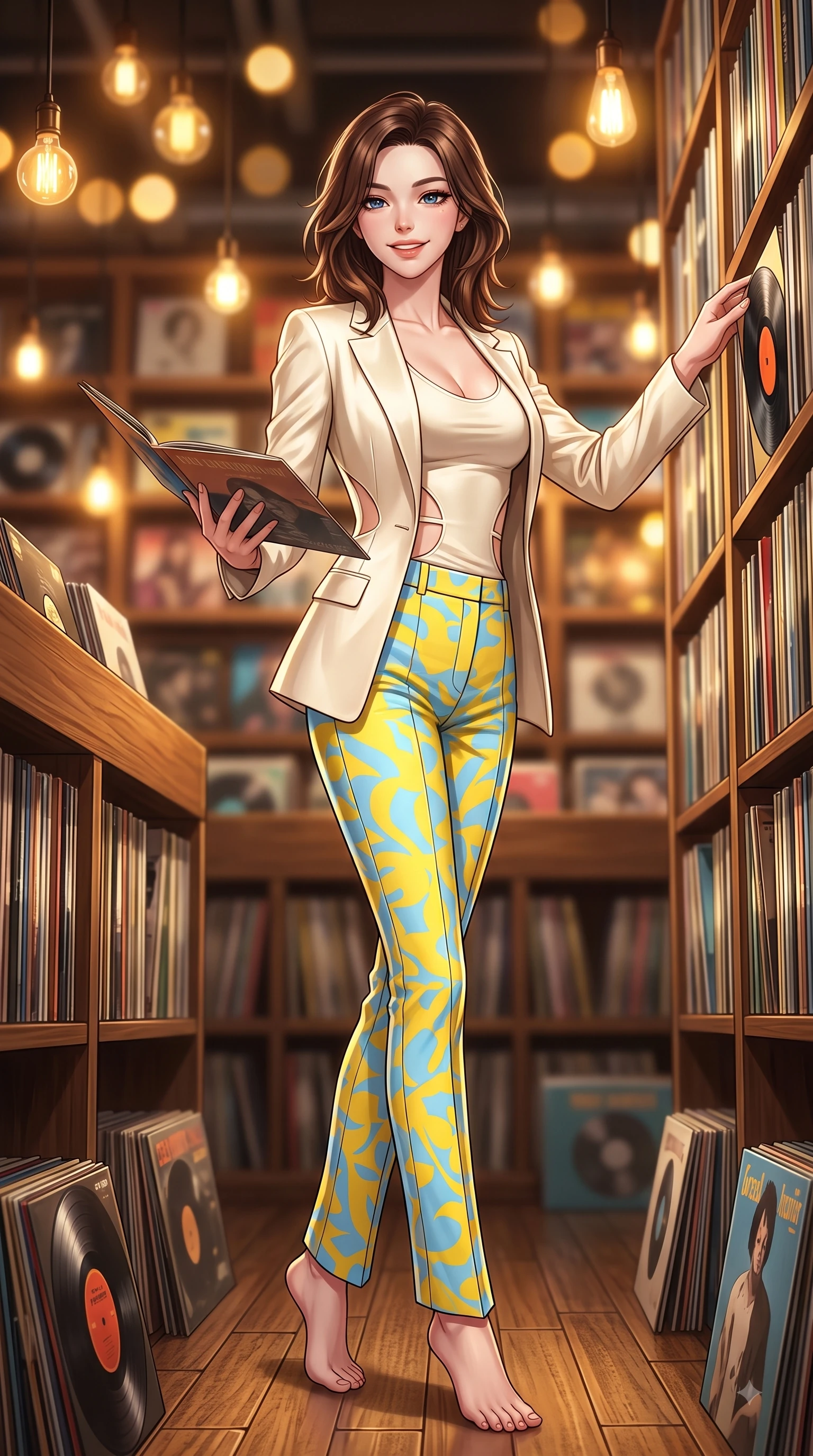 score_9, masterpiece, best quality, ultra-detailed, high-budget anime keyframe, editorial fashion photography, tasteful artistic composition, Korean woman. low angle full-body shot from head to toe showing her feet, filling the entire 9:16 vertical frame with her statuesque presence, stretching her vertical silhouette. performing a cheerful mid-motion turn with flawless poise, her radiant smile capturing fresh girlhood energy while browsing vintage vinyl record albums in a cozy Hongdae LP bar with a sweet playful smile. The composition keeps background elements in soft focus with dreamy bokeh. shelves of vintage vinyl records and warm amber Edison lamps blurred into cozy golden bokeh. She has an absolutely perfect, statuesque 8.5-heads proportion, an exceptionally tall and slender model-like female figure with impossibly long slender legs and an ultra-slim waist. sharp v-shaped jawline, high-bridge nose, intricate jewel-like eyes with depth, thick eyelashes, glossy lips with a natural sheen, flawlessly proportioned anatomical accuracy, natural body alignment, perfectly sculpted elegant limbs, clean dynamic posture without body distortion. wearing a tailored cream silk blazer over a fitted scoop-neck camisole and slacks in sunny canary yellow and clear sky blue, made of premium stretch jersey that follows her curves like a glove, complemented by clean architectural cutouts along her slender torso, the glove-like fit emphasizing her statuesque silhouette during motion. surrounded by a nostalgic, warm, and intimate retro music atmosphere. highly saturated vibrant anime colors, detailed shading with soft gradients, rich glossy textures, high-contrast stereoscopic depth, volumetric dynamic lighting, master piece, 9:16 ratio