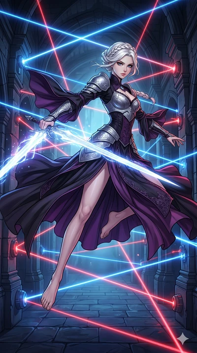 score_9, masterpiece, best quality, ultra-detailed, high-budget anime movie keyframe, cinematic anime lighting, intricate line art, Japanese woman. Mid-air action shot capturing a graceful twist and vertical silhouette. lunging forward with a shimmer