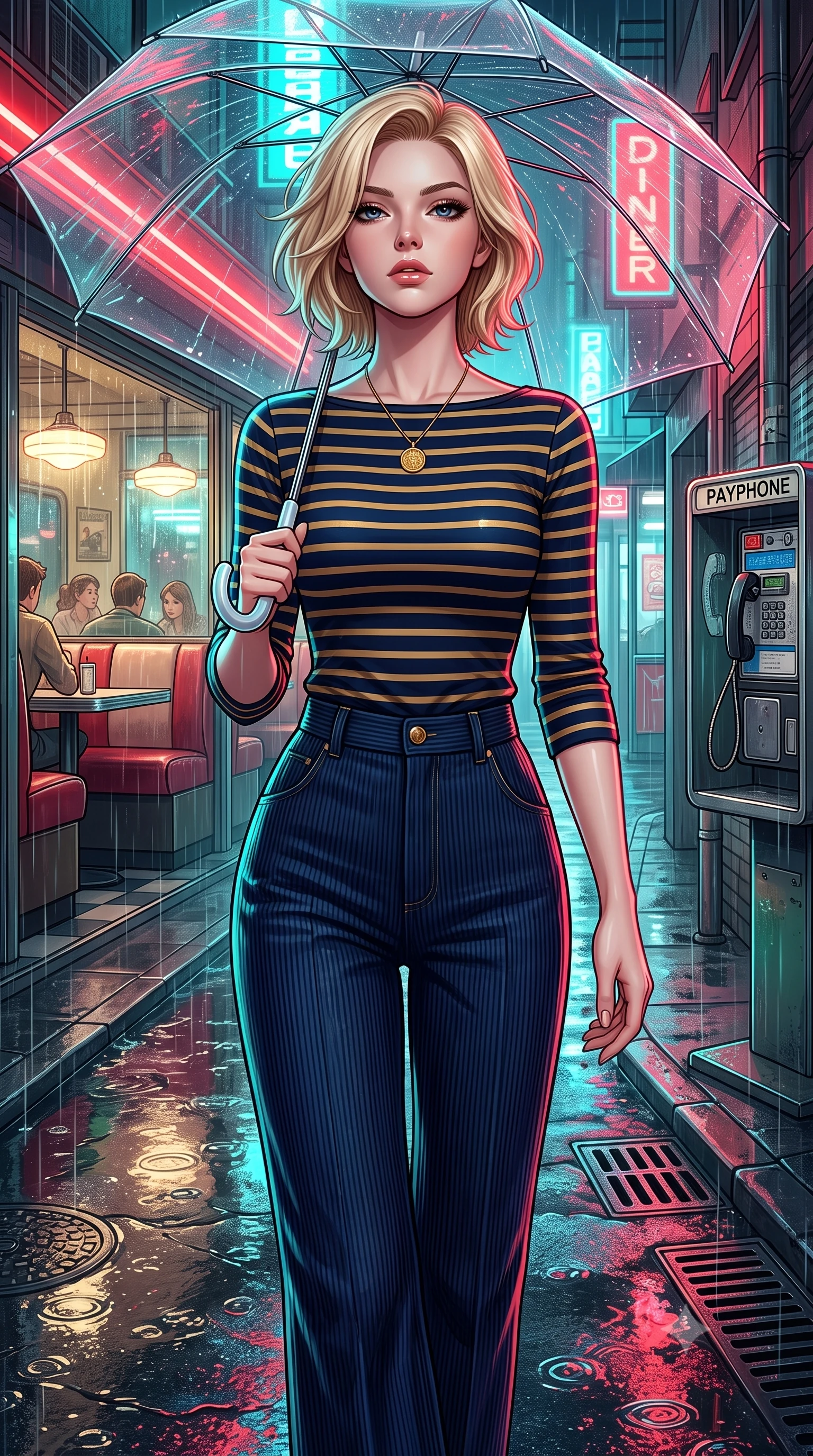 score_9, masterpiece, best quality, ultra-detailed, high-budget anime keyframe, semi-realistic 3D game render, editorial fashion photography, tasteful artistic composition, Caucasian woman. close-up cowboy shot from the waist and thighs up, the character dominates the composition, filling the frame with her large presence. tilting her chin up with proud, sovereign confidence while gazing directly into the lens with thick, dark eyelashes while strolling along a rain-drenched 1990s Tokyo neon back-alley, holding a transparent umbrella that catches vivid reflections. The surrounding environment is rendered in vivid detail and crisp panoramic clarity. detailed vintage diner booth interiors visible through glass, telephone coin slots, and drain grates in high clarity. She has an exceptionally elegant, slender, and willowy female figure with an ultra-slim waist, a gracefully sculpted slender torso, toned flat midriff, and a refined slim silhouette. sharp v-shaped jawline, high-bridge nose, intricate jewel-like eyes with depth, thick eyelashes, glossy lips with a natural sheen, captivating and magnetic expression, flawlessly proportioned anatomical accuracy, strict slender model proportions, natural body alignment, perfectly sculpted long slender limbs, ultra-slim waistline, clean dynamic posture without body distortion. wearing a chic French-girl style boatneck Breton striped top paired with high-rise wide-leg sailor trousers in deep navy blue and vintage brass gold, tailored from soft fine-wale corduroy with rich velvety texture, accented with a vintage gold coin pendant necklace and dark sheer tights, the glove-like aerodynamic second-skin fit tightly clinging to her ultra-slender waist and athletic curves without adding bulk, accentuating her razor-sharp statuesque lines and slim hourglass silhouette. bathed in rich neon red and cyan streetlamp glow bouncing off wet asphalt surfaces. highly saturated vibrant anime colors, detailed shading with soft gradients, rich glossy textures, high-contrast stereoscopic depth, volumetric dynamic lighting, master piece, 9:16 ratio