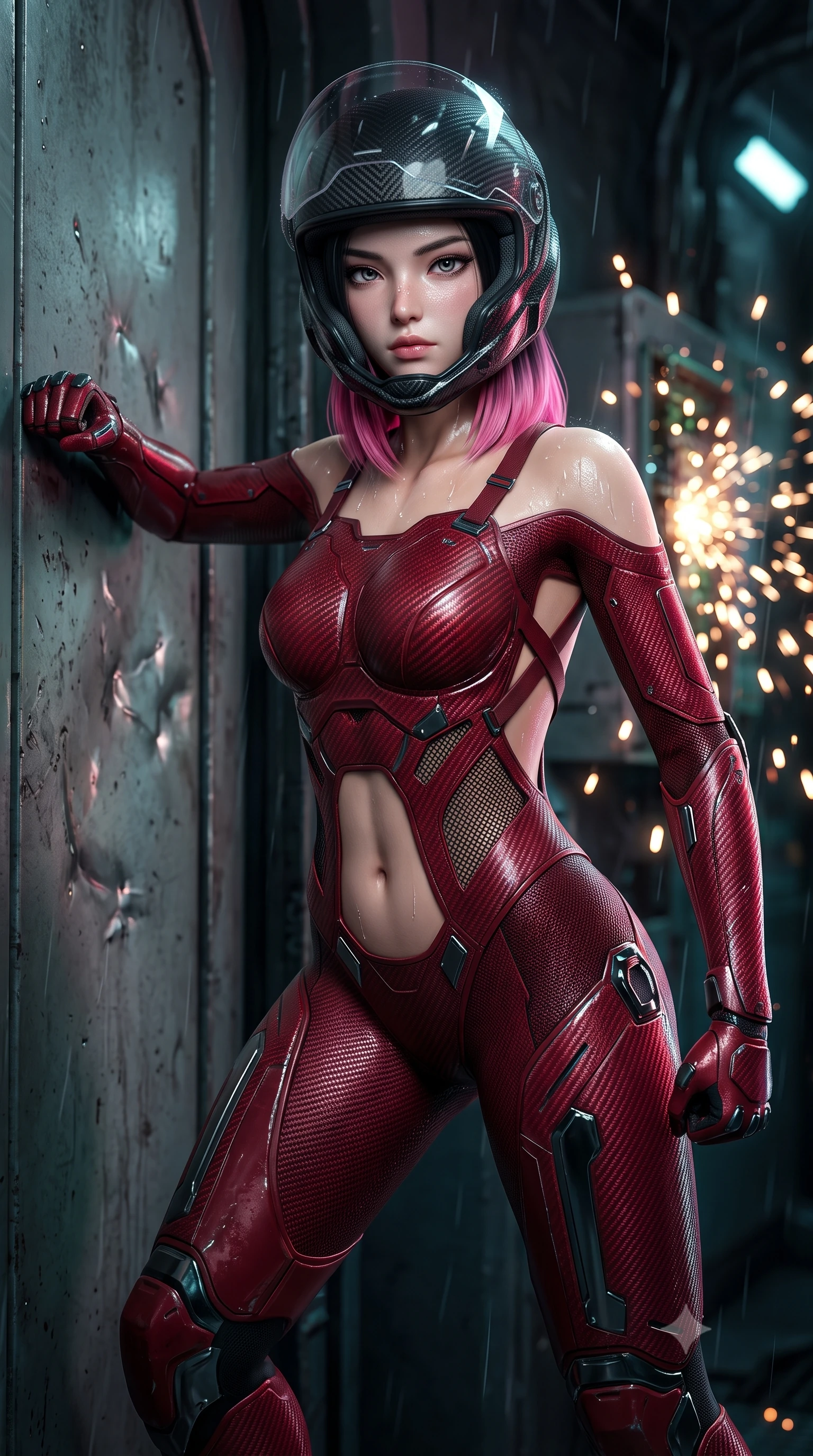 score_9, masterpiece, best quality, ultra-detailed, high-budget anime keyframe, semi-realistic 3D game render, editorial fashion photography, tasteful artistic composition, Korean woman. close-up cowboy shot from the waist and thighs up, the character dominates the composition, filling the frame with her large presence. tilting her head slightly with solemn warrior composure, sweat and rain glistening on her sculpted collarbones and high-bridge nose while arching her spine in a fluid combat stance with one fist planted on a dented bulkhead door, catching her breath with fierce pride. The composition keeps background elements in soft focus with creamy bokeh. sparkling short-circuit sparks scattering radiant light motes across a dark fortified bunker backdrop. She has an exceptionally elegant, slender, and willowy female figure with an ultra-slim waist, a gracefully sculpted slender torso, toned flat midriff, and a refined slim silhouette. sharp v-shaped jawline, high-bridge nose, intricate jewel-like eyes with depth, thick eyelashes, glossy lips with a natural sheen, fierce and resolute heroine expression, flawlessly proportioned anatomical accuracy, strict slender model proportions, natural body alignment, perfectly sculpted long slender limbs, ultra-slim waistline, clean dynamic posture without body distortion. wearing an open-face aerodynamic carbon-fiber combat helmet with a retracted transparent holographic HUD visor framing her sharp jawline and jewel-like eyes, paired with a form-contouring high-mobility battle-suit featuring sculpted carbon chest plating, diagonal midriff ventilation cutouts, and kinetic knee vambraces in deep battle-scarred crimson carbon weave with specular dark chrome accents, crafted from ultra-strong woven carbon-fiber composite with battle-tested satin luster, complemented by criss-cross back harness straps highlighting her completely bare spine, the precision-cut daring openings accentuating her delicate midriff, graceful bare collarbones, and ultra-slim feminine waistline. surrounded by an unstoppable, royal, and fiercely triumphant lone survivor empress aura. rich saturated anime colors with glowing neon highlights, detailed shading with soft gradients, rich glossy textures, high-contrast stereoscopic depth, volumetric dynamic lighting, master piece, 9:16 ratio