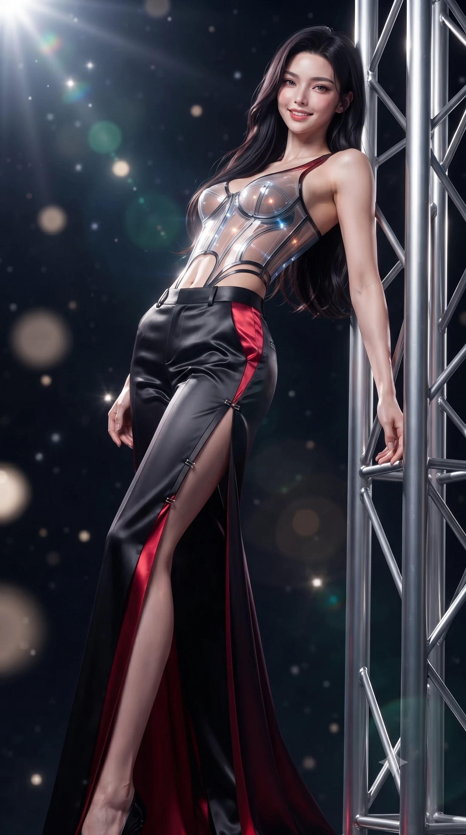 score_9, masterpiece, best quality, ultra-detailed, high-budget anime keyframe, editorial fashion photography, tasteful artistic composition, Korean woman. low angle full-body shot from head to toe showing her feet, filling the entire 9:16 vertical frame with her statuesque presence, stretching her vertical silhouette. arching her spine in a fluid zero-gravity turn with sovereign grace, her long slender legs and sculpted torso creating a sweeping line while leaning against a structural titanium truss with a confident, celestial smile looking directly into the lens. The composition keeps background elements in soft focus with creamy bokeh. brilliant solar flare rays and starlight scattering radiant light motes across a deep space backdrop. She has an absolutely perfect, statuesque 8.5-heads proportion, an exceptionally tall and slender model-like female figure with impossibly long slender legs, a toned flat midriff, and an ultra-slim waist. sharp v-shaped jawline, high-bridge nose, intricate jewel-like eyes with depth, thick eyelashes, glossy lips with a natural sheen, flawlessly proportioned anatomical accuracy, strict slender model proportions, natural body alignment, perfectly sculpted long slender limbs, ultra-slim waistline, clean dynamic posture without body distortion. wearing a structured translucent cyber-corset paired with tailored high-fashion satin trousers that sharply cinch her ultra-slim waist in high-gloss obsidian black and burning laser crimson accents, made of smooth flowing silk chiffon that shifts colors with movement, finished with an ultra-high side slit secured by miniature magnetic clasps, the precision-cut daring openings accentuating her delicate midriff, graceful bare collarbones, and ultra-slim feminine waistline. surrounded by an awe-inspiring, supreme, and radiantly divine cosmic sovereign aura. ultra-reflective glossy finish, specular highlights, dark metallic sheen, high-contrast stereoscopic depth, volumetric dynamic lighting, 2k, ultra detail, master piece, 9:16 ratio