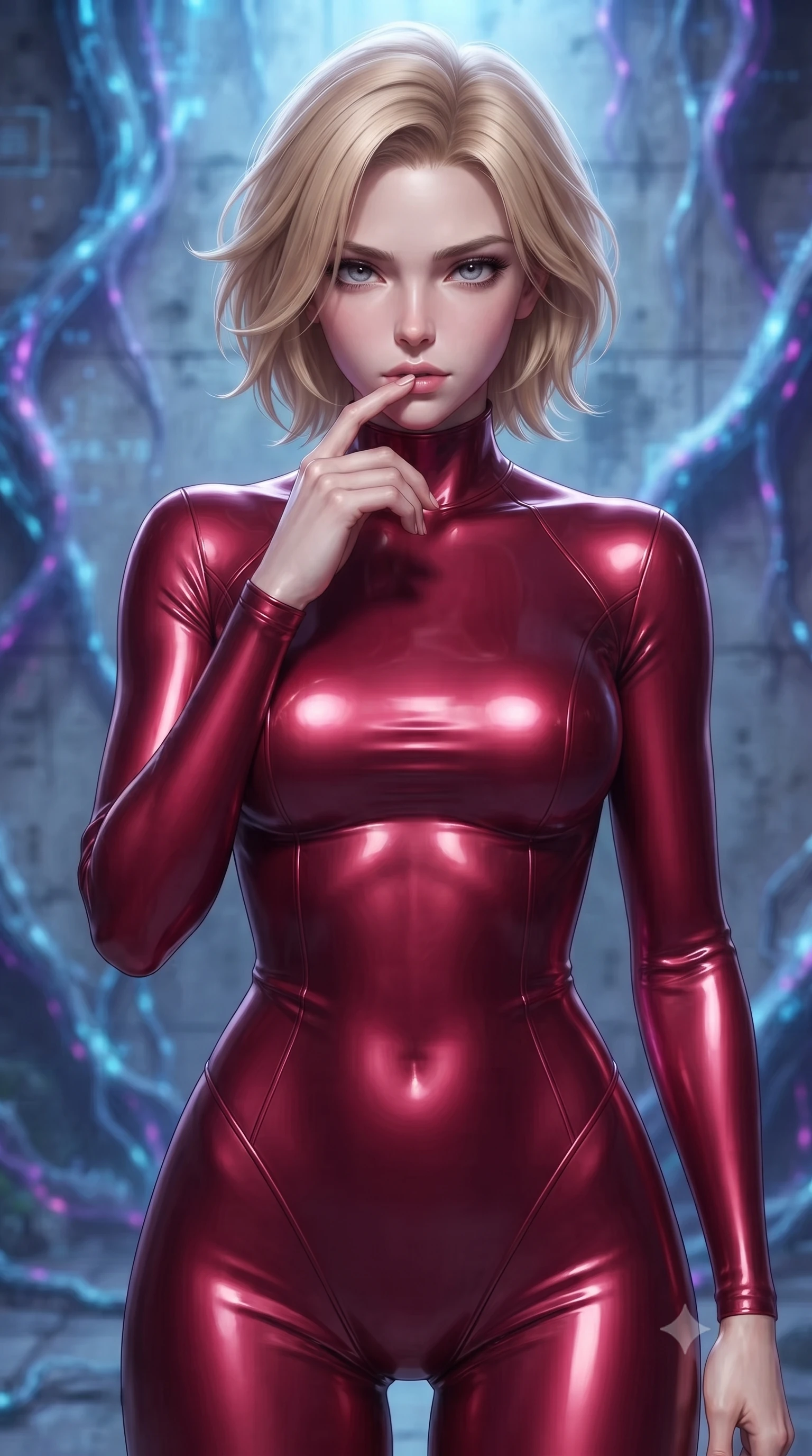 score_9, masterpiece, best quality, ultra-detailed, high-budget anime keyframe, editorial fashion photography, tasteful artistic composition, Caucasian woman. close-up cowboy shot from the waist and thighs up, the character dominates the composition, filling the frame with her large presence, background elements kept in soft focus. pressing one finger to her bottom lip in a thoughtful, composed gesture, locking eyes with the viewer, the background shows a soft-focus a cybernetic root chamber with glowing digital banyan roots growing in concrete. She has an exceptionally elegant, slender, and willowy female figure with an ultra-slim waist, a gracefully sculpted slender torso, and a refined silhouette. sharp v-shaped jawline, high-bridge nose, intricate jewel-like eyes with depth, thick eyelashes, glossy lips with a natural sheen. wearing a tailored form-contouring high-neck bodycon suit in deep crimson, contouring her athletic build like a second skin. soft blue light radiating from digital roots onto her refined profile. ultra-reflective glossy finish, specular highlights, metallic sheen, high-contrast stereoscopic depth, volumetric dynamic lighting, 2k, ultra detail, master piece, 9:16 ratio
