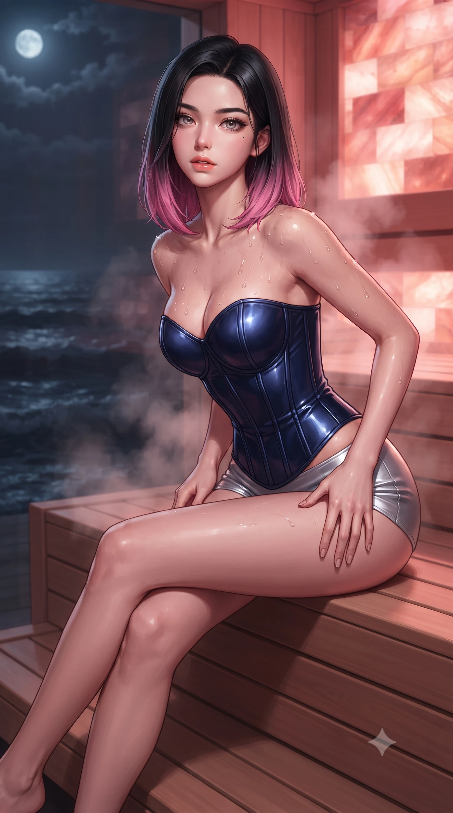 score_9, masterpiece, best quality, ultra-detailed, high-budget anime keyframe, editorial fashion photography, tasteful artistic composition, Korean woman. close-up cowboy shot from the waist and thighs up, the character dominates the composition, filling the frame with her large presence. leaning forward while arching her lower back to accentuate her curvy hips, looking into the camera with an intoxicating smoldering gaze and bedroom-eyes while sitting poised on the warm cedar sauna bench with legs crossed, looking through the one-way glass wall at dark whispering ocean waves. The background shows a soft-focus sauna steam plumes softened in ultra-luxury maritime wellness shallow focus. She has an exceptionally elegant, slender, and willowy female figure with an ultra-slim waist, flat toned midriff, narrow ribcage, and sculpted feminine hips creating an alluring, slim hourglass silhouette without bulk. sharp v-shaped jawline, high-bridge nose, sparkling eyes with hypnotic seductive depth, thick curled eyelashes, glossy parted lips with a natural dewy peach sheen, alluring bedroom-eyes with an enchanting coquettish smile, exuding magnetic siren charisma and sophisticated glamour, flawlessly proportioned anatomical accuracy, strict slender model proportions, natural body alignment, perfectly sculpted long slender limbs, ultra-slim waistline, clean dynamic posture without body distortion. wearing a strapless boned satin corset bodice paired with low-waisted tailored satin hot-pants in molten liquid silver and deep sapphire navy, tailored from fine structural neoprene with crisp architectural edges and smooth contouring, finished with glistening drops of pool water beading across her sculpted shoulders and collarbones, the glove-like clinging cut tightly following the natural contour of her hips and long slender legs with youthful 8.5-heads elegance. bathed in warm therapeutic pink-and-amber glow radiating through translucent Himalayan salt blocks. ultra-reflective glossy finish, specular highlights, rich textural contrasts, high-contrast stereoscopic depth, volumetric dynamic lighting, 2k, ultra detail, master piece, 9:16 ratio