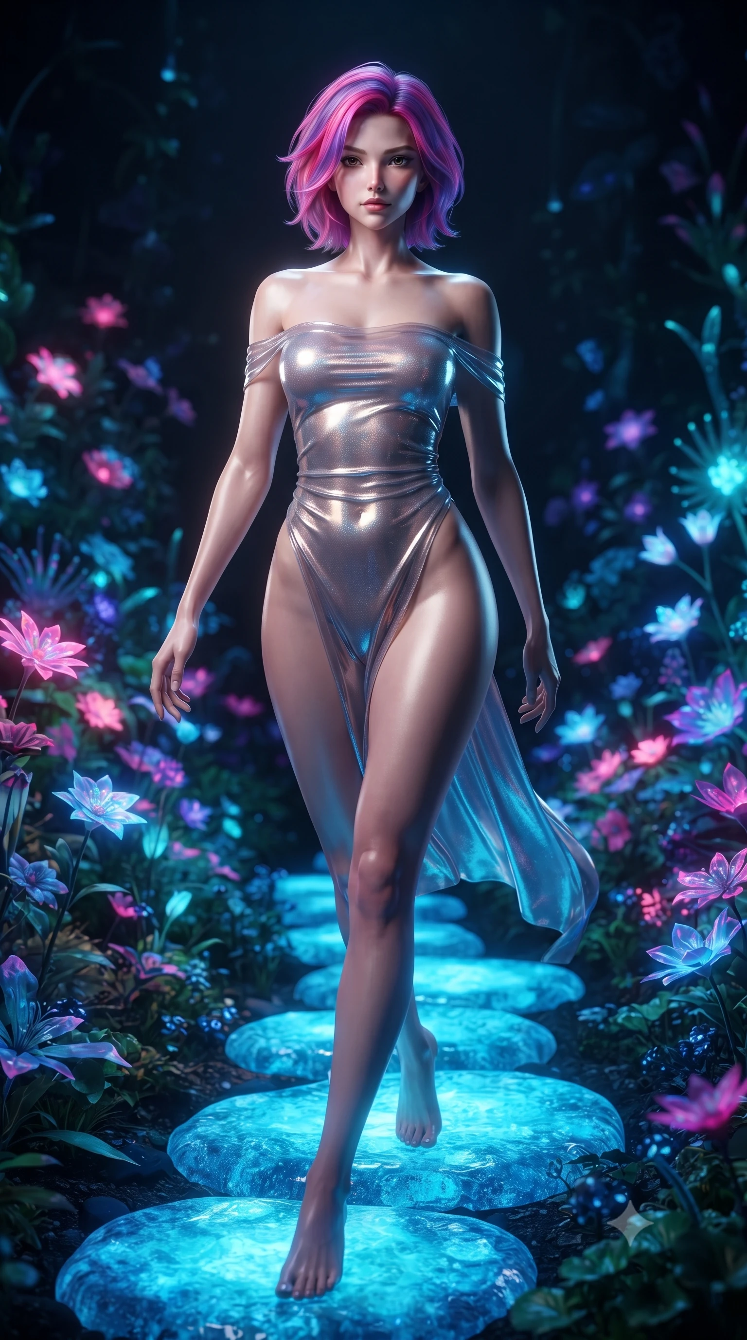score_9, masterpiece, best quality, ultra-detailed, High-budget Anime Keyframe, editorial fashion photography, tasteful artistic composition, realistic cosplay photography, Caucasian woman, strictly human ears. Low angle cowboy shot filling the entire 9:16 frame with her statuesque presence. Scenario 353: stepping across glowing azure stones in a virtual garden where neon flowers bloom in the dark. Her presence is magnetic and overpowering in this high-budget cinematic scene. Outfit 353: a form-contouring shimmering chiffon bare with a high-cut leg line and tight-fitting silhouette. The clothing is designed to emphasize her exceptionally tall and slender 8-heads proportion. 8-heads proportion, towering silhouette, ultra-slim waist. sharp v-shaped jawline, intricate jewel-like eyes with depth, thick eyelashes, glossy lips. ultra-reflective glossy finish, specular highlights, metallic sheen, high-contrast stereoscopic depth, volumetric dynamic lighting, 2k, ultra detail, master piece, 9:16 ratio