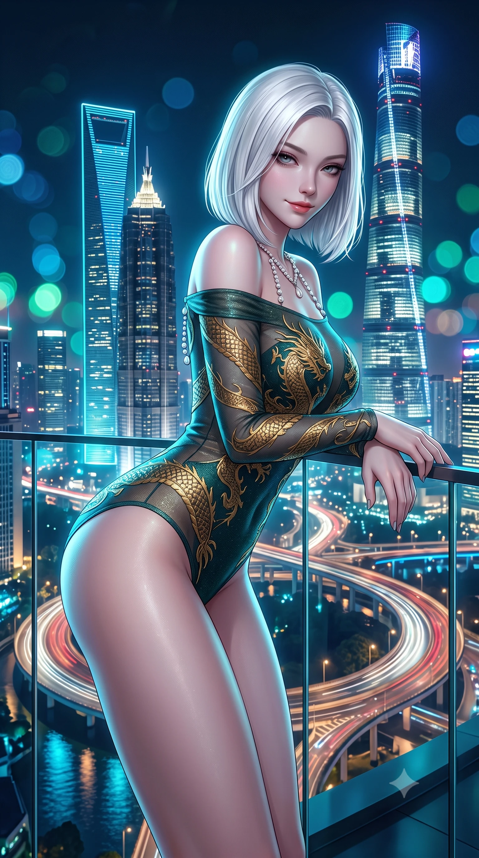 score_9, masterpiece, best quality, ultra-detailed, high-budget anime keyframe, semi-realistic 3D game render, editorial fashion photography, tasteful artistic composition, Korean woman. close-up cowboy shot from the waist and thighs up, the character dominates the composition, filling the frame with her large presence. leaning forward while arching her lower back to accentuate her curvy hips, looking into the camera with an intoxicating smoldering gaze and bedroom-eyes while leaning against the frameless glass railing with hips cocked back, looking down at illuminated traffic ribbons with heavy-lidded bedroom-eyes. The background shows a soft-focus swirling circular neon traffic overpasses 60 stories below, illuminated glass crowns of Shanghai Tower and Jin Mao, and midnight sky blurred into electric sapphire, emerald, and cyan bokeh. She has an exceptionally elegant, slender, and willowy female figure with an ultra-slim waist, flat toned midriff, narrow ribcage, and sculpted feminine hips creating an alluring, slim hourglass silhouette without bulk. sharp v-shaped jawline, high-bridge nose, intricate jewel-like sparkling eyes with depth, thick eyelashes, glossy parted lips with a natural peach sheen, bright cheerful beaming smile with an enchanting and coquettish sensual glint, exuding both youthful cute charm and seductive allure, flawlessly proportioned anatomical accuracy, strict slender model proportions, natural body alignment, perfectly sculpted long slender limbs, ultra-slim waistline, clean dynamic posture without body distortion. wearing an off-the-shoulder sheer illusion mesh evening bodysuit with gold dragon-scale embroidery contouring her hourglass waist in French Concession jade green and gilded bronze, woven from stretch metallic lurex jersey casting radiant starlight glints across her curves, accented with a pearl-drop body harness subtly framing her dewy collarbones and spine, the second-skin tailored fabric adhering flawlessly to her sculpted flat midriff and slender torso, emphasizing her long leg lines and perfectly proportioned willowy build. illuminated by water surface reflection bounce and sharp platinum-cyan rim lights defining her dewy collarbones, ultra-slim waist, and curvy hips. highly saturated vibrant anime colors, detailed shading with soft gradients, rich glossy textures, high-contrast stereoscopic depth, volumetric dynamic lighting, master piece, 9:16 ratio