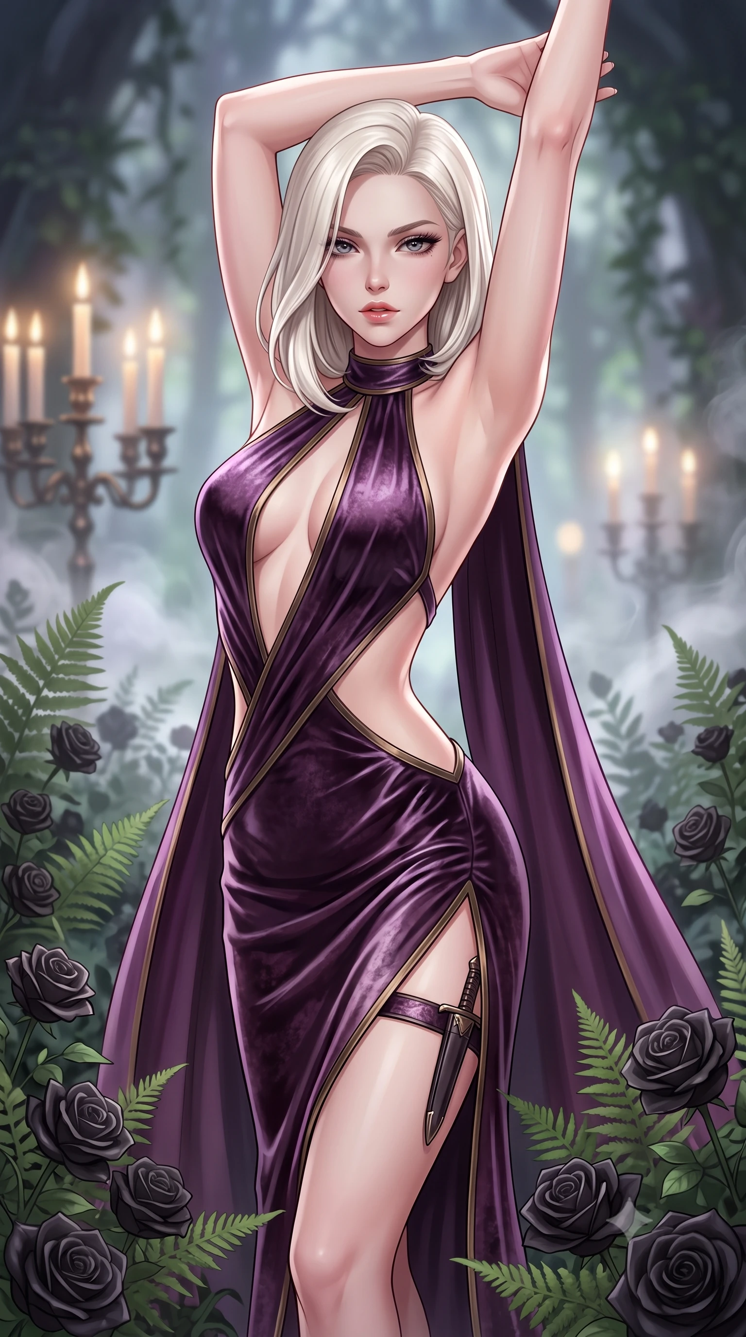 score_9, masterpiece, best quality, ultra-detailed, high-budget anime keyframe, semi-realistic 3D game render, editorial fashion photography, tasteful artistic composition, Caucasian woman. close-up cowboy shot from the waist and thighs up, the character dominates the composition, filling the frame with her large presence. arching her back languidly with arms stretching overhead, highlighting her narrow waist and feminine silhouette in pure supermodel elegance while gliding between whispering ferns and overgrown black roses, her smoldering gaze locking onto the viewer with intoxicating allure. The composition keeps background elements in soft focus with creamy bokeh. flickering antique candelabras and swirling garden mist softened in dreamy romantic shallow focus. She has an exceptionally elegant, slender, and willowy female figure with an ultra-slim waist, a gracefully sculpted slender torso, toned flat midriff, and a refined slim silhouette. sharp v-shaped jawline, high-bridge nose, intricate jewel-like eyes with depth, thick eyelashes, glossy parted lips with a natural sheen, intensely captivating and seductive expression, flawlessly proportioned anatomical accuracy, strict slender model proportions, natural body alignment, perfectly sculpted long slender limbs, ultra-slim waistline, clean dynamic posture without body distortion. wearing a gothic siren halter-neck dress with dramatic diagonal torso cutouts and a trailing floor-length silk cape in dusky plum violet and antique bronze, crafted from heavyweight crushed silk velvet with liquid luster, equipped with a concealed dagger sheath garter under her slit skirt, the dramatically scooped open back descending to the base of her spine, accentuating her razor-sharp statuesque lines and slim hourglass silhouette. surrounded by a seductive, aristocratic, and dangerously alluring vampire queen aura. highly saturated vibrant anime colors, detailed shading with soft gradients, rich glossy textures, high-contrast stereoscopic depth, volumetric dynamic lighting, master piece, 9:16 ratio