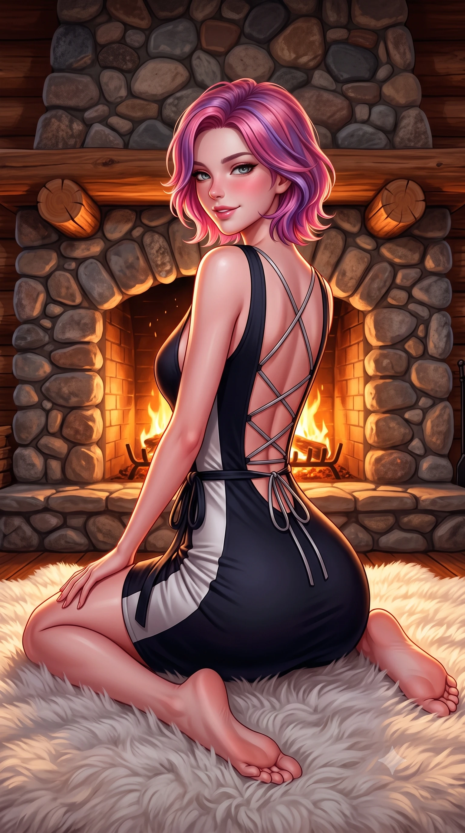 score_9, masterpiece, best quality, ultra-detailed, high-budget anime keyframe, semi-realistic 3D game render, editorial fashion photography, tasteful artistic composition, Caucasian woman. low angle full-body shot from head to toe showing her feet, filling the entire 9:16 vertical frame with her statuesque presence, stretching her vertical silhouette. posing with back turned slightly to the lens, glancing back with an enchanting, playful smile as she arches her lower back to emphasize her sculpted feminine hips and slender waist while sitting on an oversized white sheepskin rug before the roaring two-story river-rock fireplace, arching her lower back with cozy yet devastating sensual allure. The surrounding environment is rendered in vivid detail and crisp panoramic clarity. sharp river-rock masonry texture, hand-hewn cedar log grain, and plush sheepskin wool fibers in deep focus. She has an exceptionally tall and slender model-like 8.5-heads proportion, an ultra-slim waist, a flat toned midriff, narrow delicate ribcage, and beautifully sculpted feminine hips creating a graceful, slim hourglass silhouette without any bulky heaviness, with impossibly long slender legs. sharp v-shaped jawline, high-bridge nose, sparkling ice-crystal eyes with depth, frosty thick lashes, glossy parted lips with a rosy berry sheen, bright playful smile with an intoxicating seductive glint, rosy flushed cheeks radiating cozy warmth and dangerous allure, flawlessly proportioned anatomical accuracy, strict slender model proportions, natural body alignment, perfectly sculpted long slender limbs, ultra-slim waistline, clean dynamic posture without body distortion. wearing a deep V-neck cashmere wrap mini dress with a tie-waist accentuating her flat midriff and hips in dark obsidian black and gleaming platinum, tailored from crisp technical ski fabric with clean aerodynamic lines, finished with criss-cross back satin laces tracing her slender spine, the precision-cut side openings and low-back scoop framing her graceful spine and the sensual sweep of her slim, toned hips. bathed in dynamic, dancing amber and orange firelight from the monumental hearth. highly saturated vibrant anime colors, detailed shading with soft gradients, rich glossy textures, high-contrast stereoscopic depth, volumetric dynamic lighting, master piece, 9:16 ratio