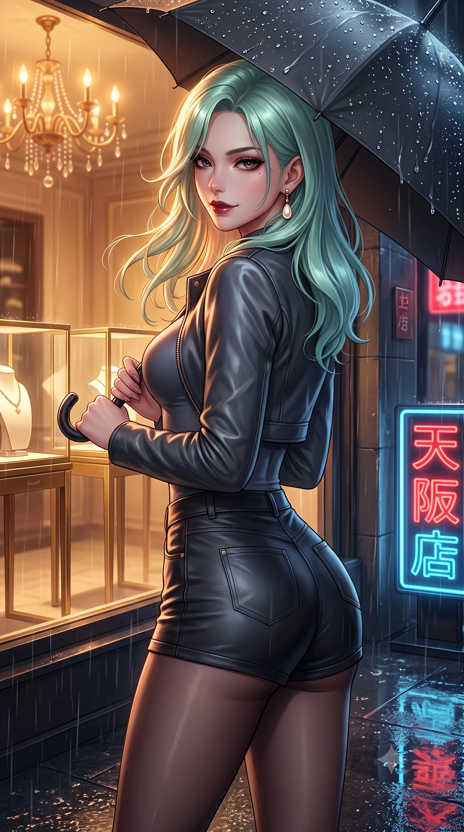 score_9, masterpiece, best quality, ultra-detailed, high-budget anime keyframe, semi-realistic 3D game render, editorial fashion photography, tasteful artistic composition, Japanese woman. close-up cowboy shot from the waist and thighs up, the character dominates the composition, filling the frame with her large presence. turning slowly with a smoldering smile, her glossy dark hair catching the amber chandelier rim light as her hips angle gracefully in a captivating contrapposto while pausing beside an illuminated luxury boutique window with hips cocked back, glancing back with an enchanting, dangerous smile through falling rain. The surrounding environment is rendered in vivid detail and crisp panoramic clarity. sharp rain droplet beads on the black vinyl umbrella, asphalt texture glisten, and neon glass tube clarity in deep focus. She has an exceptionally elegant, slender, and willowy female figure with an ultra-slim waist, flat toned midriff, narrow ribcage, and sculpted feminine hips creating an alluring, slim hourglass silhouette without bulk. sharp v-shaped jawline, high-bridge nose, intricate jewel-like dark sparkling eyes with dangerous depth, thick curled eyelashes, glossy parted lips with a rich wine sheen, smoldering seductive half-smile with bedroom-eyes, exuding effortless superiority and intoxicating dark allure, flawlessly proportioned anatomical accuracy, strict slender model proportions, natural body alignment, perfectly sculpted long slender limbs, ultra-slim waistline, clean dynamic posture without body distortion. wearing a chic cropped lambskin leather bolero jacket paired with high-waisted leather micro-shorts and sheer black hosiery in smoky charcoal slate and molten rose gold, made of liquid-tight stretch jersey emphasizing every curve of her body, accented with a single dangling baroque pearl earring reflecting the amber glow, the liquid-tight tailored fabric clinging flawlessly to her narrow waist and rounded feminine hips, emphasizing every millimeter of her sculpted slim hourglass curves without any bulky heaviness. illuminated by wet ground specular reflections accentuating her sculpted collarbones, ultra-slim waist, and curvy hips. highly saturated vibrant anime colors, detailed shading with soft gradients, rich glossy textures, high-contrast stereoscopic depth, volumetric dynamic lighting, master piece, 9:16 ratio