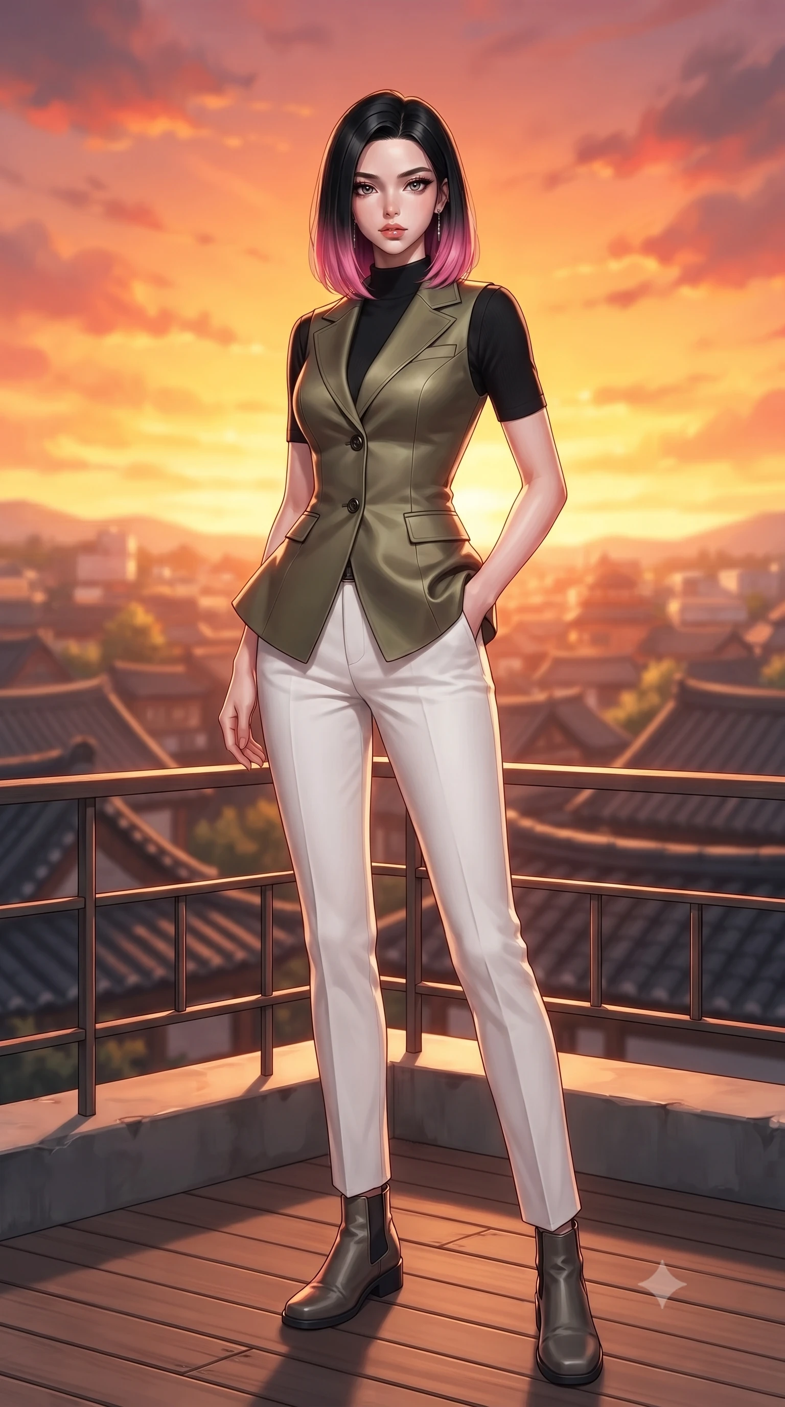 score_9, masterpiece, best quality, ultra-detailed, high-budget anime keyframe, editorial fashion photography, tasteful artistic composition, Korean woman woman. low angle full-body shot from head to toe showing her feet, filling the entire 9:16 vertical frame with her statuesque presence, stretching her vertical silhouette. standing proud on a scenic cliff overlooking the valley, her silhouette framed by the golden sky the background shows a soft-focus a simple rooftop platform with a wooden floor, looking over the tiled roofs of the town. She has an absolutely perfect, statuesque 8.5-heads proportion, an exceptionally tall and slender model-like female figure with impossibly long slender legs and an ultra-slim waist. sharp v-shaped jawline, high-bridge nose, intricate jewel-like eyes with depth, thick eyelashes, glossy lips with a natural sheen. wearing a body-hugging tailored olive green trench vest over a black mock-neck shirt and white chino slacks. the orange and red glow of a beautiful sunset sky. ultra-reflective glossy finish, specular highlights, metallic sheen, high-contrast stereoscopic depth, volumetric dynamic lighting, 2k, ultra detail, master piece, 9:16 ratio
