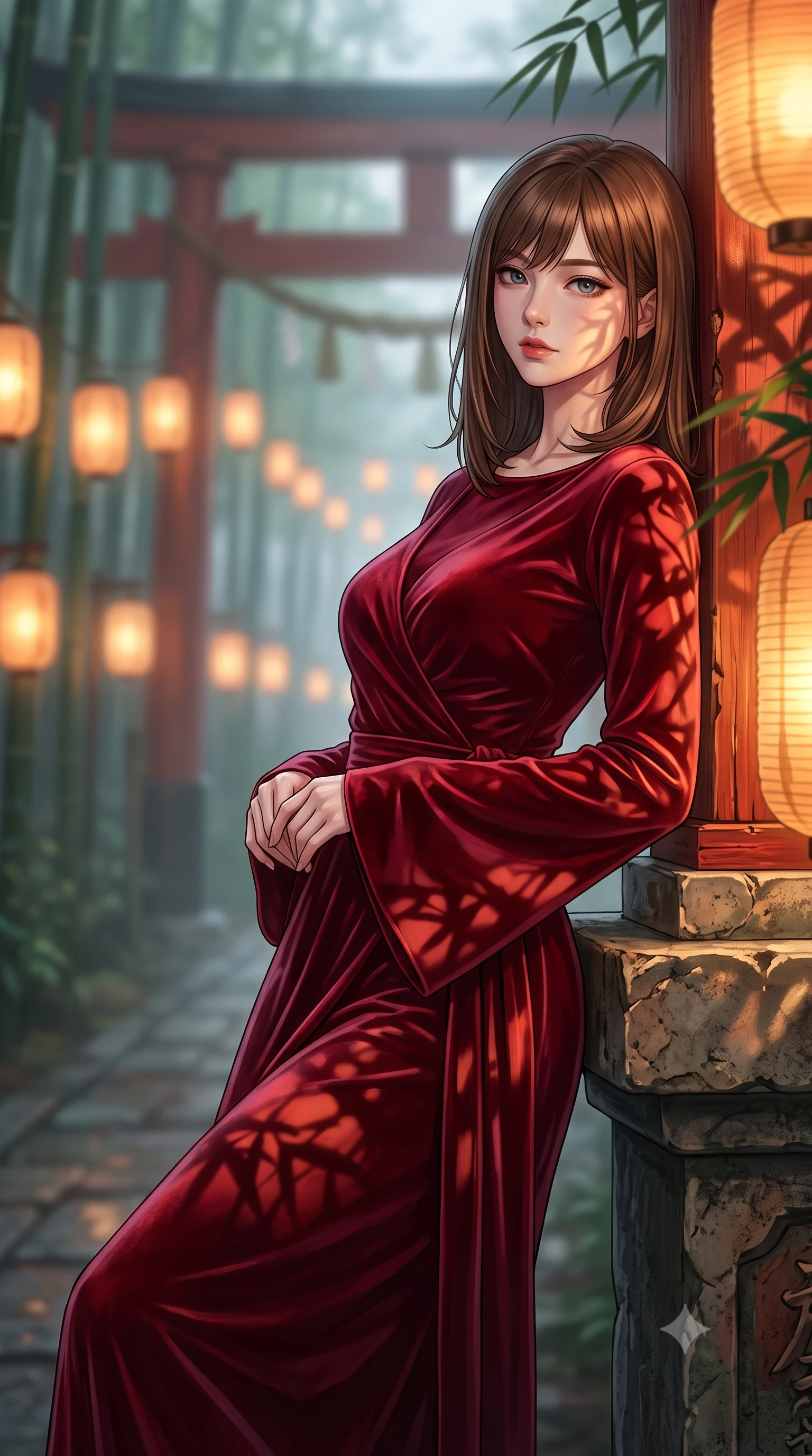 score_9, masterpiece, best quality, ultra-detailed, high-budget anime keyframe, editorial fashion photography, tasteful artistic composition, Korean woman woman. close-up cowboy shot from the waist and thighs up, the character dominates the composition, filling the frame with her large presence, background elements kept in soft focus. She has an exceptionally elegant, slender, and willowy female figure with an ultra-slim waist, a gracefully sculpted slender torso, and a refined silhouette. leaning back effortlessly against the surrounding architecture with an air of magnetic superiority, flawlessly proportioned anatomical accuracy, natural body alignment, perfectly sculpted elegant limbs, clean dynamic posture without body distortion. set against a soft-focus background of a misty bamboo torii shrine path with glowing paper lanterns. wearing a luxurious velvet wrap gown with long bell sleeves and a modest boat neckline. bathed in warm amber lantern light casting soft organic bamboo leaf stencil shadows. highly saturated vibrant anime colors, detailed shading with soft gradients, rich glossy textures, high-contrast stereoscopic depth, volumetric dynamic lighting, master piece, 9:16 ratio