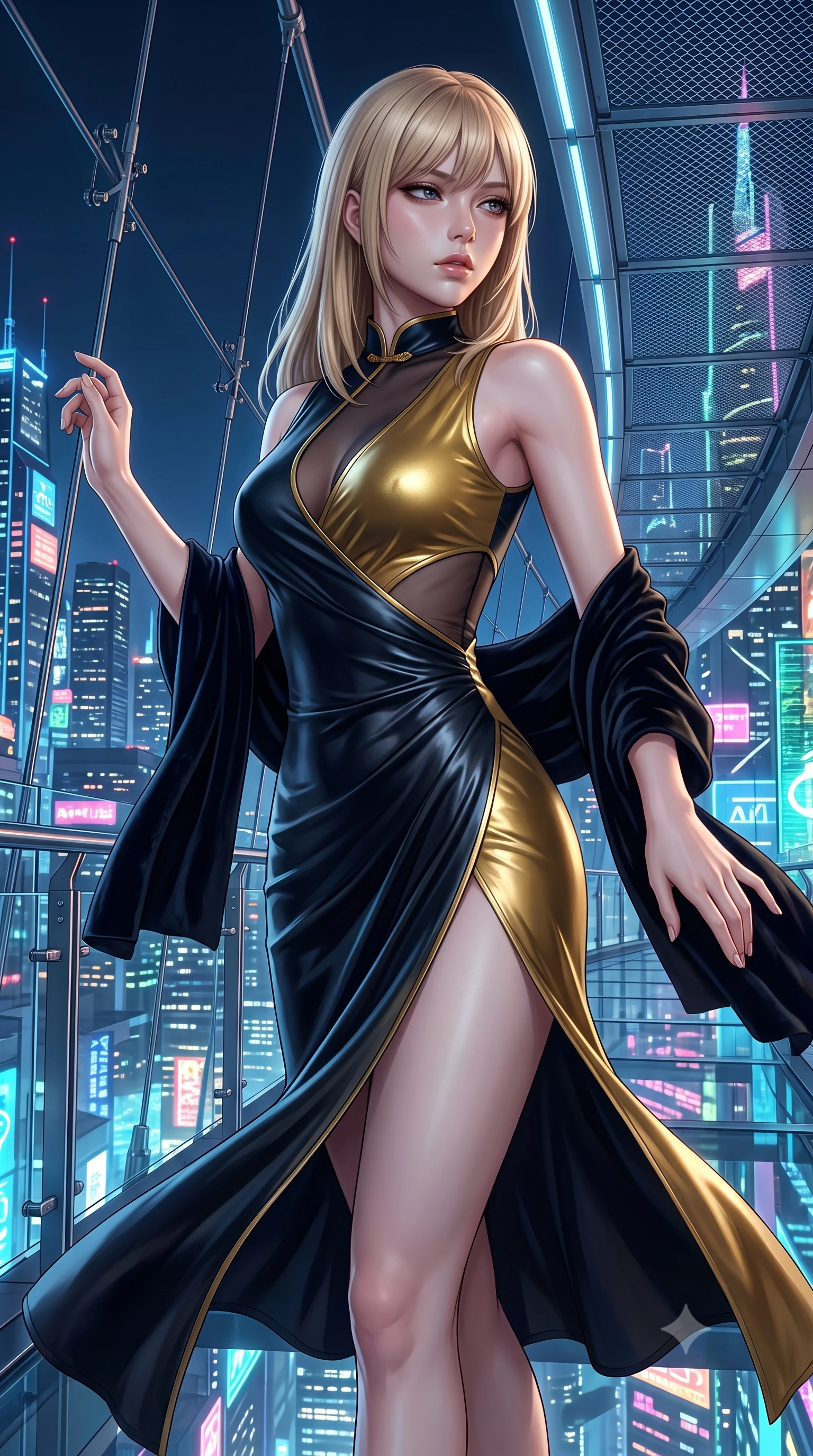 score_9, masterpiece, best quality, ultra-detailed, high-budget anime keyframe, semi-realistic 3D game render, editorial fashion photography, tasteful artistic composition, Japanese woman. close-up cowboy shot from the waist and thighs up, the character dominates the composition, filling the frame with her large presence. twisting her slender torso in a deep contrapposto stance, hips dramatically shifted to accentuate her feminine curves while looking past her shoulder with smoldering bedroom-eyes while executing an elegant mid-motion turn as night winds whip her high-slit dress, her statuesque vertical presence dominating the futuristic panorama. The surrounding environment is rendered in vivid detail and crisp panoramic clarity. sharp skyway glass panel joints, stainless steel suspension cables, and futuristic architectural mesh in deep focus. She has an exceptionally elegant, slender, and willowy female figure with an ultra-slim waist, flat toned midriff, narrow ribcage, and sculpted feminine hips creating an alluring, slim hourglass silhouette without bulk. sharp v-shaped jawline, high-bridge nose, intricate jewel-like eyes with depth, thick eyelashes, glossy parted lips with a natural sheen, intensely captivating and seductive bedroom-eyes expression, flawlessly proportioned anatomical accuracy, strict slender model proportions, natural body alignment, perfectly sculpted long slender limbs, ultra-slim waistline, clean dynamic posture without body distortion. wearing a wet-look silk fusion wrap dress with asymmetrical sheer mesh cutouts and high Mandarin collar in midnight obsidian black and liquid gold, crafted from second-skin supple lambskin leather with liquid drape, complemented by a plush velvet shawl draped loosely over her elbows, the liquid-tight tailored fabric clinging flawlessly to her narrow waist and rounded feminine hips, emphasizing every millimeter of her sculpted slim hourglass curves without any bulky heaviness. surrounded by a visionary, electrifying, and breathlessly magnificent eco-metropolis queen aura. highly saturated vibrant anime colors, detailed shading with soft gradients, rich glossy textures, high-contrast stereoscopic depth, volumetric dynamic lighting, master piece, 9:16 ratio