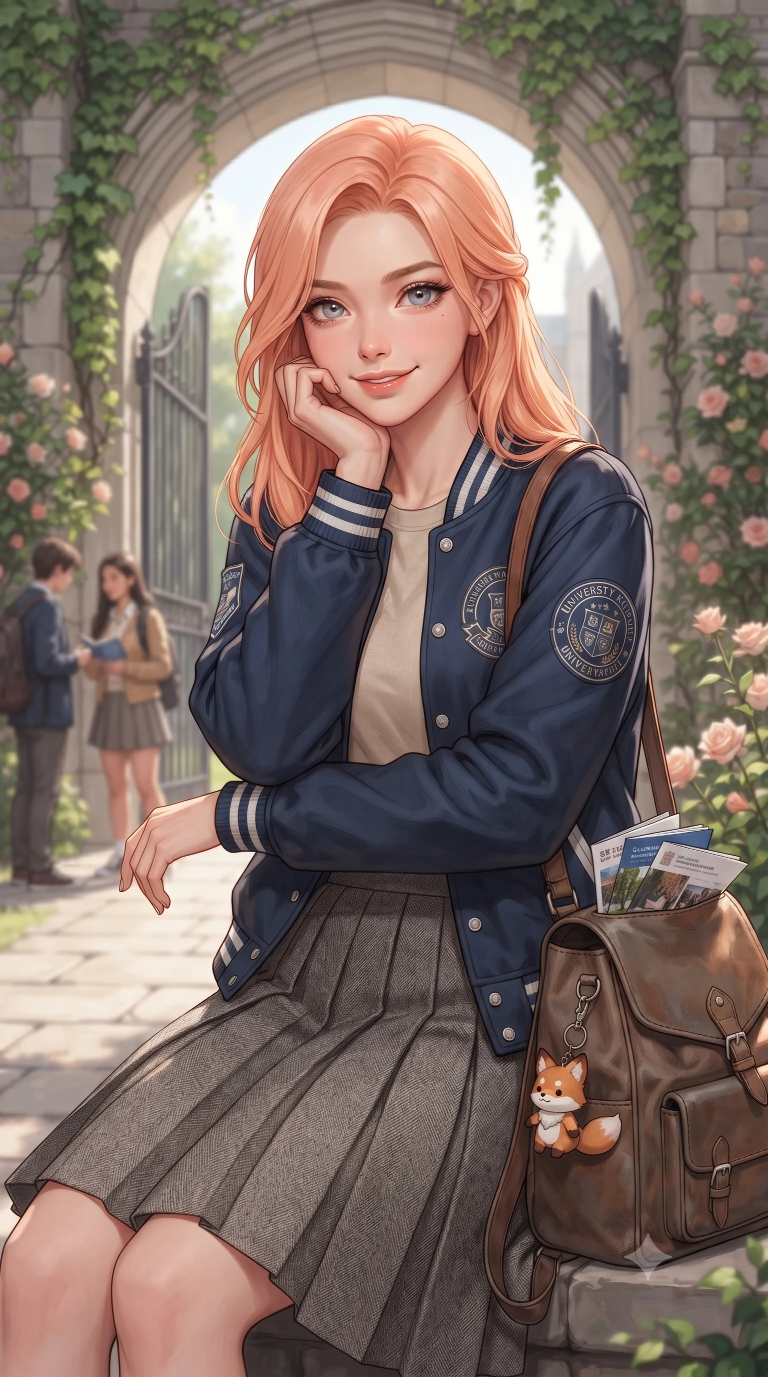 score_9, masterpiece, best quality, ultra-detailed, high-budget anime keyframe, editorial fashion photography, tasteful artistic composition, Japanese woman. close-up cowboy shot from the waist and thighs up, the character dominates the composition, filling the frame with her large presence, background elements kept in soft focus. smiling cutely while resting her chin on her hand, looking directly into the lens set against a soft-focus background of near a college campus gate draped in green ivy vines and surrounded by flowers with a pile of student brochures and a cute key ring on her backpack. She has an exceptionally elegant, slender, and willowy female figure with an ultra-slim waist, a gracefully sculpted slender torso, and a refined silhouette. sharp v-shaped jawline, high-bridge nose, intricate jewel-like eyes with depth, thick eyelashes, glossy lips with a natural sheen. wearing tailored casual preppy varsity jacket in navy, worn over an oatmeal tee and a pleated grey midi skirt. cool morning sunlight creating a fresh, energetic ambiance. ultra-reflective glossy finish, specular highlights, metallic sheen, high-contrast stereoscopic depth, volumetric dynamic lighting, 2k, ultra detail, master piece, 9:16 ratio