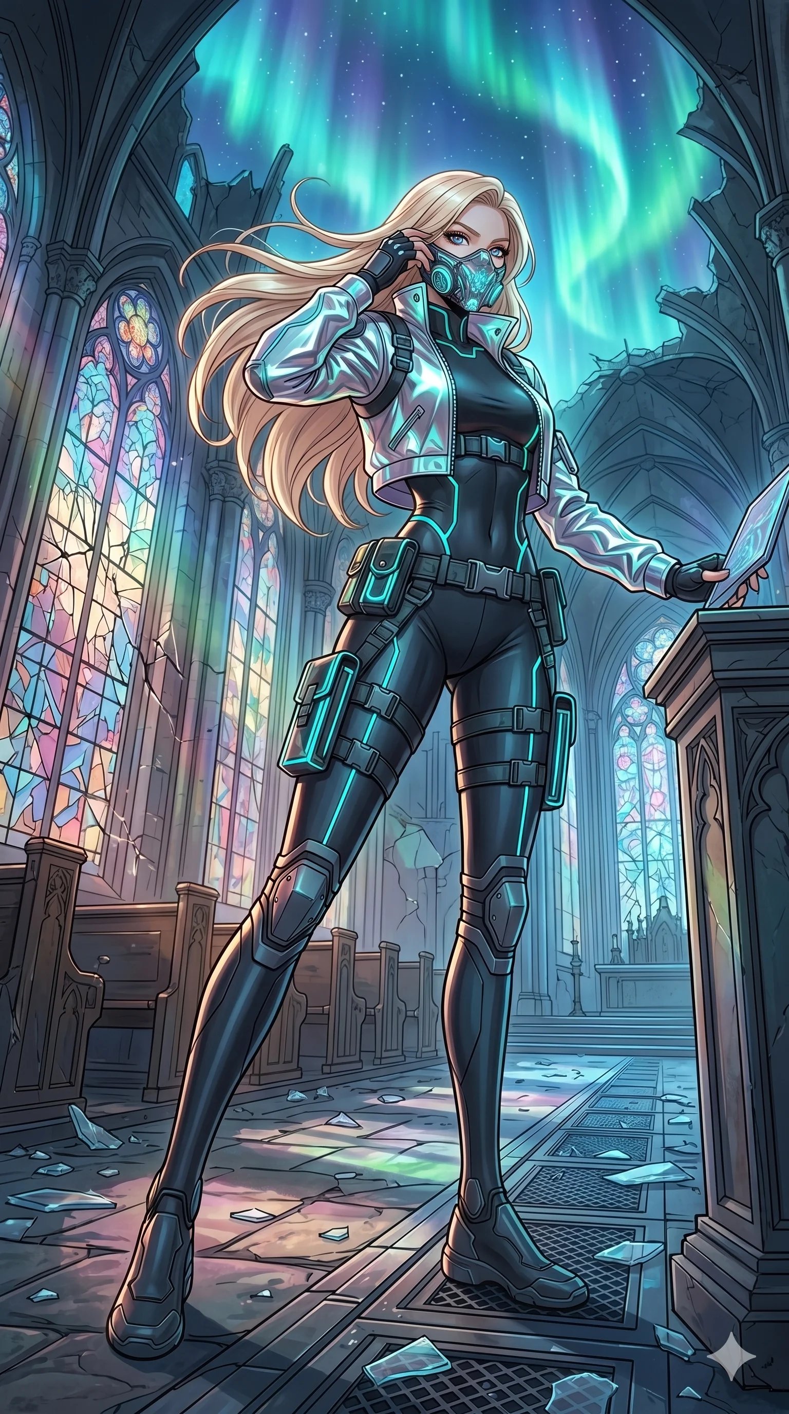 score_9, masterpiece, best quality, ultra-detailed, high-budget anime movie keyframe, cinematic anime lighting, intricate line art, Korean anime girl. Dynamic full-body shot stretching the vertical silhouette across the 9:16 frame. adjusting a glowing mask in a shattered stained glass cathedral amidst aurora borealis. She has an absolutely perfect 8-heads proportion, an exceptionally tall and slender female figure with an ultra-slim waist and impossibly long slender legs. sharp v-shaped jawline, high-bridge nose, intricate jewel-like eyes, thick eyelashes, glossy lips. Wearing modern urban tech-wear ensemble with a cropped reflective bomber jacket, ultra-slim high-waisted cargo leggings, and tactical harness with neon-lit pouches. The scene is illuminated by dramatic atmospheric lighting and vibrant color palettes. 2k, ultra detail, master piece, 9:16 ratio