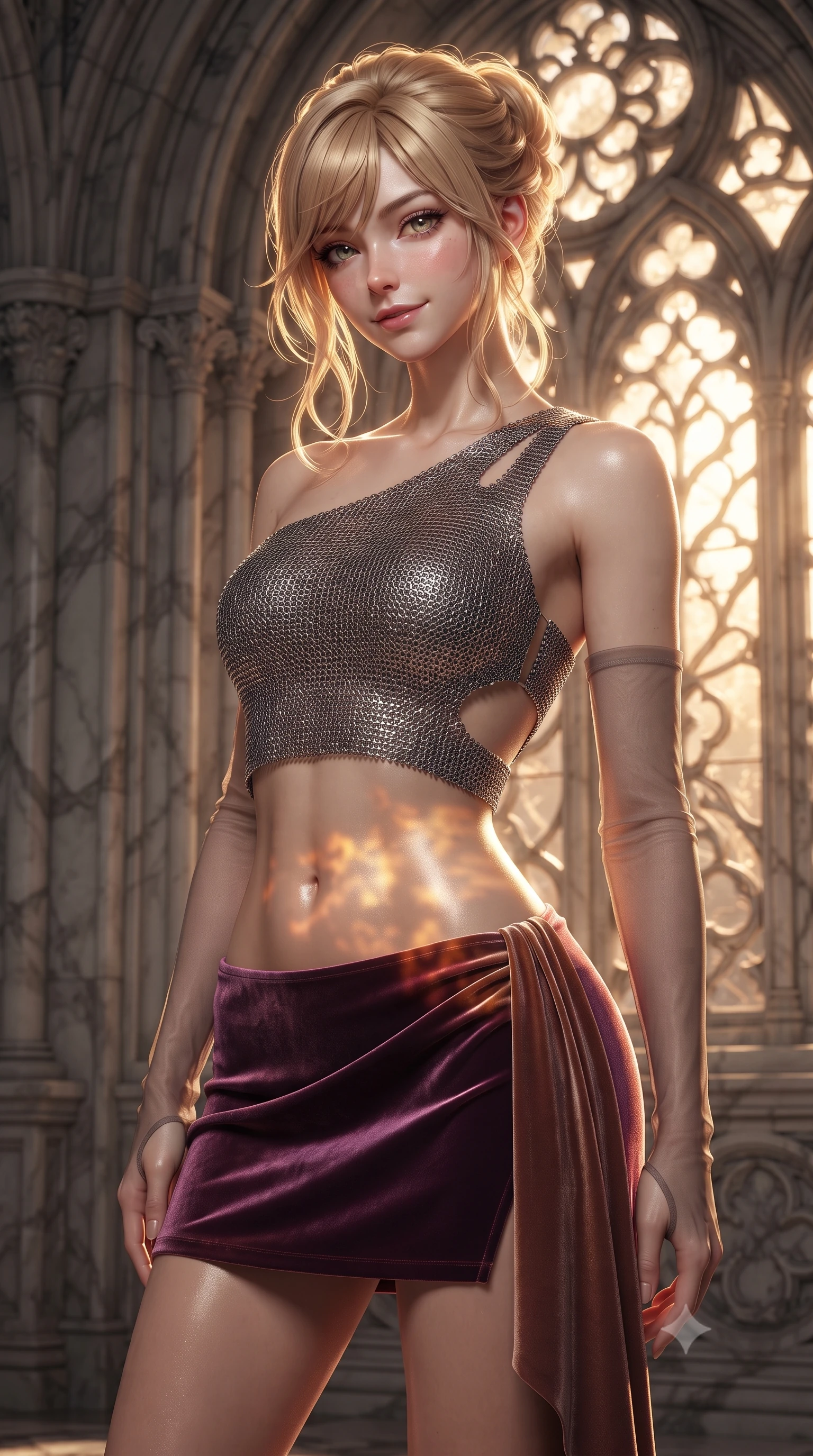 score_9, masterpiece, best quality, ultra-detailed, high-budget anime keyframe, editorial fashion photography, tasteful artistic composition, Caucasian woman. close-up cowboy shot from the waist and thighs up, the character dominates the composition, filling the frame with her large presence. tilting her head with a teasing half-smile, running one hand slowly down the side of her hip in a flirtatious S-curve as ambient light caresses her silhouette while twisting her slender torso in an alluring contrapposto stance, golden sunset light filtering through marble filigree onto her narrow waist. The surrounding environment is rendered in vivid detail and crisp panoramic clarity: detailed structured corset bustier tailoring, high-slit wrap skirt drape, and iconic gothic stonework in high resolution. She has an exceptionally elegant, slender, and willowy female figure with an ultra-slim waist, flat toned midriff, narrow ribcage, and sculpted feminine hips creating an alluring, slim hourglass silhouette without bulk. sharp v-shaped jawline, high-bridge nose, intricate jewel-like sparkling eyes with depth, thick eyelashes, glossy parted lips with a natural peach sheen, bright cheerful beaming smile with an enchanting and coquettish sensual glint, exuding both youthful cute charm and seductive allure, flawlessly proportioned anatomical accuracy, strict slender model proportions, natural body alignment, perfectly sculpted long slender limbs, ultra-slim waistline, clean dynamic posture without body distortion. wearing an asymmetric one-shoulder metallic chainmail crop top paired with an ultra-low-rise velvet mini skirt in Mirage sunset amethyst purple and warm bronze, crafted from fluid liquid silk satin that clings smoothly to her narrow waist and rounded hips with a dewy sheen, complemented by sheer opera-length evening gloves tracing her slender arms, the precision-cut side openings and low-back scoop framing her graceful spine and the sensual sweep of her slim, toned hips. illuminated by white marble bounce fill and razor-sharp platinum-gold rim lights defining her dewy collarbones, ultra-slim waist, and curvy hips. ultra-reflective glossy finish, specular highlights, rich textural contrasts, high-contrast stereoscopic depth, volumetric dynamic lighting, 2k, ultra detail, master piece, 9:16 ratio