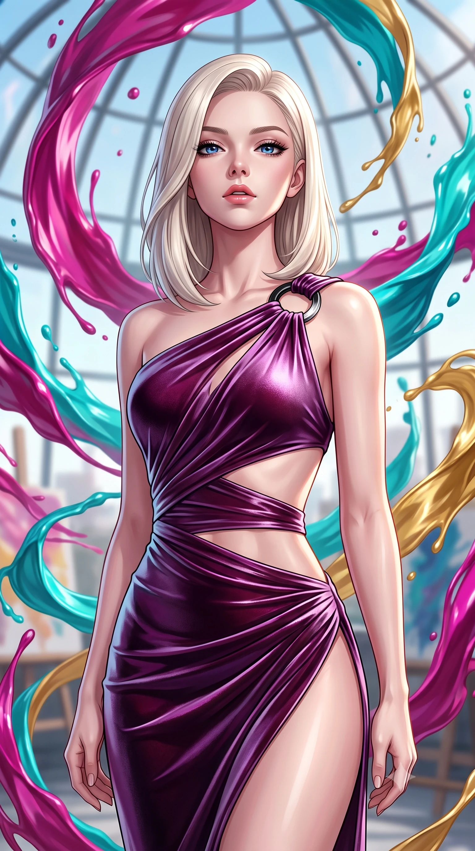 score_9, masterpiece, best quality, ultra-detailed, high-budget anime keyframe, editorial fashion photography, tasteful artistic composition, Caucasian woman. close-up cowboy shot from the waist and thighs up, the character dominates the composition, filling the frame with her large presence, background elements kept in soft focus. Tilting her chin up slightly with lips parted in a magnetic, composed expression standing inside a glass-domed art atelier filled with floating liquid paint swirls, swirling ribbons of magenta, turquoise, and gold liquid paint in zero-gravity. She has an exceptionally elegant, slender, and willowy female figure with an ultra-slim waist, a gracefully sculpted slender torso, and a refined silhouette. sharp v-shaped jawline, high-bridge nose, intricate jewel-like eyes with depth, thick eyelashes, glossy lips with a natural sheen. wearing an asymmetrical Grecian draped chiffon gown with a metallic shoulder ring in matte black and polished silver, made of premium stretch velvet with a rich sheen, featuring clean architectural cutouts along her slender torso, the sleek second-skin texture accentuating her magnetic presence. bathed in high-contrast vibrant studio lighting with sharp specular highlights. highly saturated vibrant anime colors, detailed shading with soft gradients, rich glossy textures, high-contrast stereoscopic depth, volumetric dynamic lighting, master piece, 9:16 ratio
