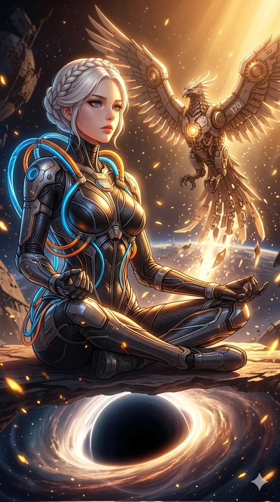 score_9, masterpiece, best quality, ultra-detailed, Set A: High-budget Anime Keyframe, Korean woman. Low angle cowboy shot filling the entire 9:16 frame with her statuesque presence. Theme: Urban Decay. meditating in the edge of a black hole, while a