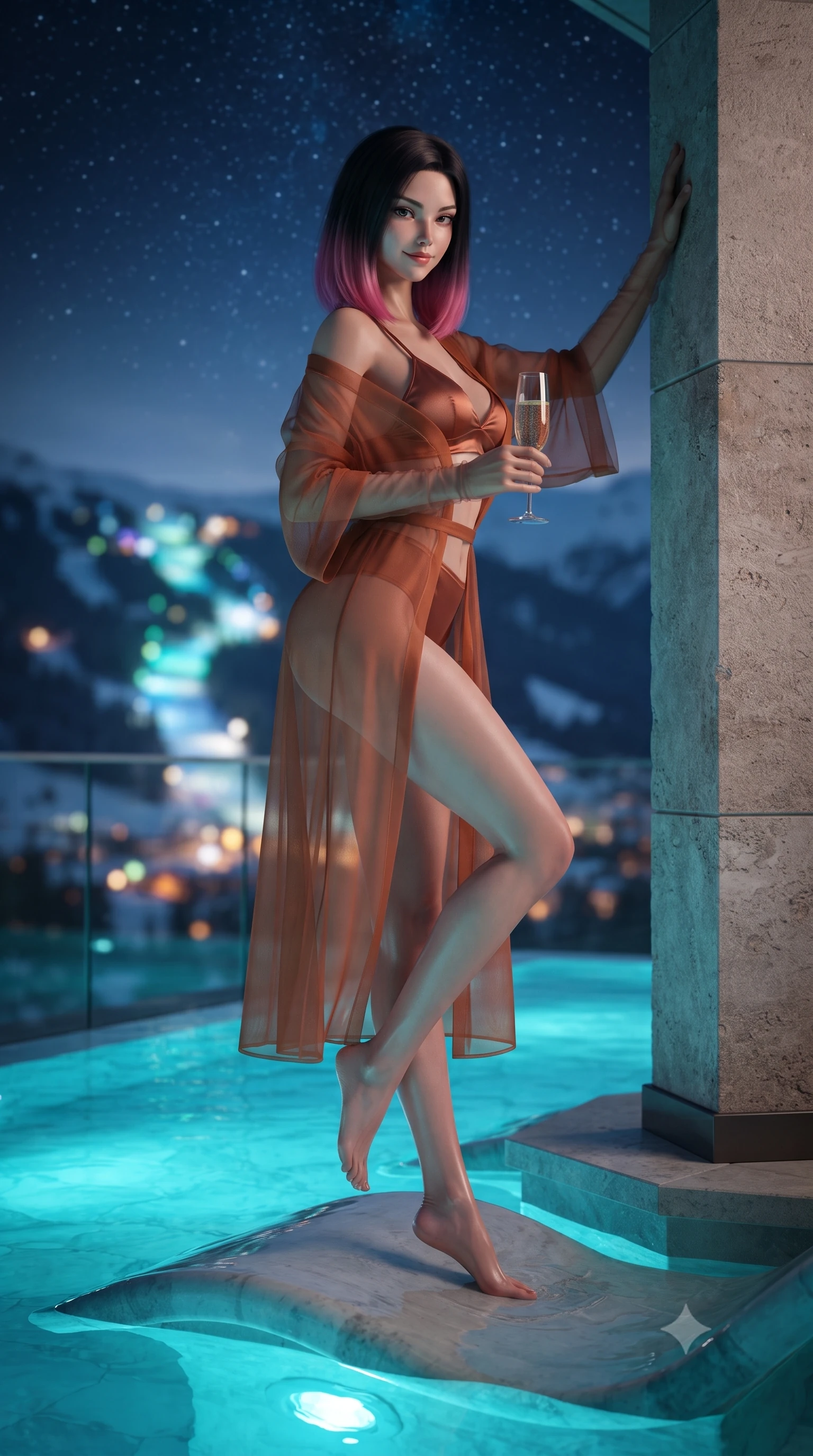 score_9, masterpiece, best quality, ultra-detailed, high-budget anime keyframe, editorial fashion photography, tasteful artistic composition, Korean woman. low angle full-body shot from head to toe showing her feet, filling the entire 9:16 vertical frame with her statuesque presence, stretching her vertical silhouette. standing tall beside the architectural column, one hand resting high while arching her lower back to emphasize her sculpted feminine hips and slender waist while perched sideways on the submerged contoured bench with legs extended, holding a crystal flute of vintage champagne with effortless glamour. The background shows a soft-focus dramatic alpine valley cliffs thousands of feet below, illuminated ski resort trails in the distance, and starry night sky blurred into sapphire, emerald, and gold bokeh. She has an absolutely perfect, statuesque 8.5-heads proportion, an exceptionally tall and slender model-like female figure with impossibly long slender legs, an ultra-slim waist, a flat toned midriff, narrow delicate ribcage, and beautifully sculpted feminine hips creating a graceful, slim hourglass silhouette without any bulky heaviness. sharp v-shaped jawline, high-bridge nose, sparkling eyes with hypnotic seductive depth, thick curled eyelashes, glossy parted lips with a natural dewy peach sheen, alluring bedroom-eyes with an enchanting coquettish smile, exuding magnetic siren charisma and sophisticated glamour, flawlessly proportioned anatomical accuracy, strict slender model proportions, natural body alignment, perfectly sculpted long slender limbs, ultra-slim waistline, clean dynamic posture without body distortion. wearing a sheer organza modern kimono robe worn loose and slipping off bare shoulders over a matching satin bralette and high-waisted briefs in sun-drenched Tuscan terracotta and burnished copper, made of sheer gossamer chiffon that drapes softly against skin with airy translucence, complemented by sheer opera-length evening gloves tracing her slender arms, the liquid-tight tailored fabric clinging flawlessly to her narrow waist and rounded feminine hips, emphasizing every millimeter of her sculpted slim hourglass curves without any bulky heaviness. bathed in vivid underwater cyan and turquoise LED light combined with crisp celestial starlight. ultra-reflective glossy finish, specular highlights, rich textural contrasts, high-contrast stereoscopic depth, volumetric dynamic lighting, 2k, ultra detail, master piece, 9:16 ratio