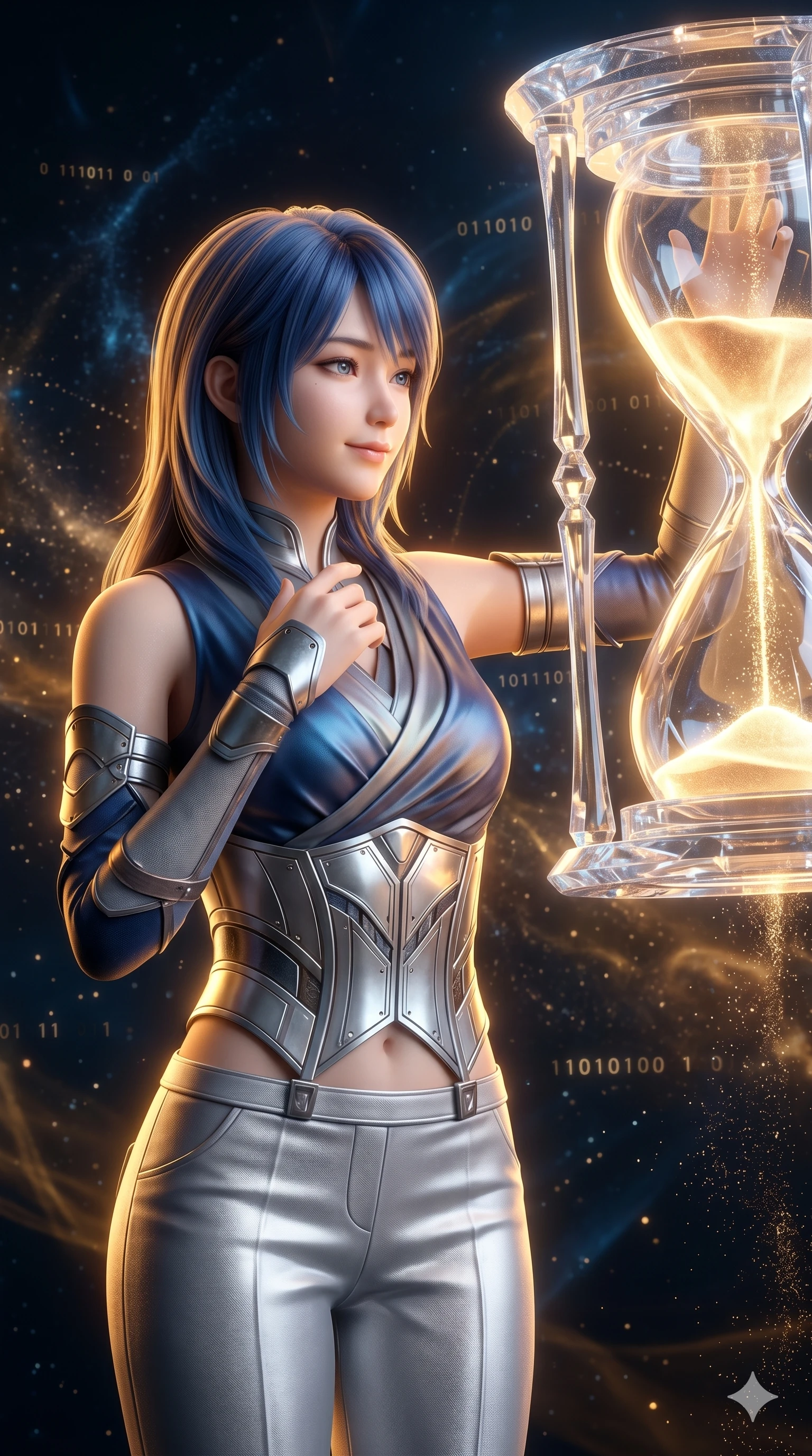score_9, masterpiece, best quality, ultra-detailed, high-budget anime keyframe, semi-realistic 3D game render, Korean woman. Upper body close-up from the thighs up, character filling the screen for maximum presence. Inside a digital void, next to a giant floating hourglass of light, watching the light sand fall with a reflective, serene smile. She is wearing a luxurious silk-like wrap top, structured bodice, and silver trousers. The scene is bathed in the warm golden glow of the hourglass and soft amber lights. 2k, ultra detail, master piece, 9:16 ratio