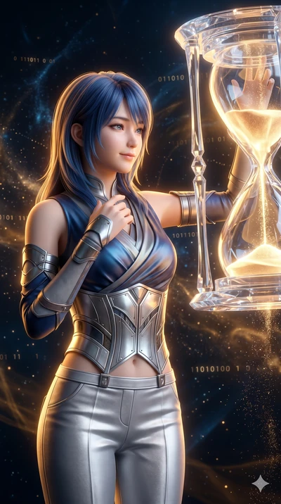 score_9, masterpiece, best quality, ultra-detailed, high-budget anime keyframe, semi-realistic 3D game render, Korean woman. Upper body close-up from the thighs up, character filling the screen for maximum presence. Inside a digital void, next to a g
