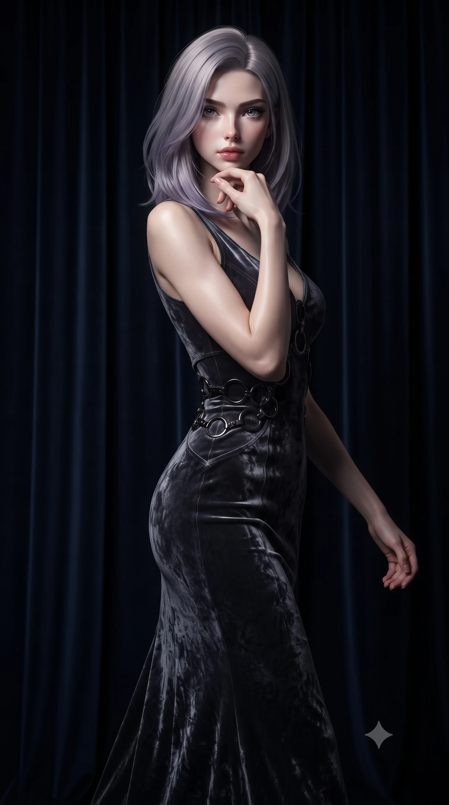score_9, masterpiece, best quality, ultra-detailed, high-budget anime keyframe, editorial fashion photography, tasteful artistic composition, Caucasian woman. close-up cowboy shot from the waist and thighs up, the character dominates the composition, filling the frame with her large presence, background elements kept in soft focus. Resting her chin on the backs of her fingers with an air of effortless superiority, walking past heavy midnight blue velvet drapery swallowing ambient light, intimate luxury aesthetic with refined editorial framing. She has an exceptionally elegant, slender, and willowy female figure with an ultra-slim waist, a gracefully sculpted slender torso, and a refined silhouette. sharp v-shaped jawline, high-bridge nose, intricate jewel-like eyes with depth, thick eyelashes, glossy lips with a natural sheen. wearing sculpted form-fitting dark velvet column gown in pitch black in dark charcoal gray, made of crushed dark silk velvet, trimmed with dark chrome ring hardware along the waist contours, highlighting her statuesque proportions and ultra-slim waistline. bathed in dramatic chiaroscuro with a sharp key light tracing her side profile. ultra-reflective glossy finish, specular highlights, metallic sheen, high-contrast stereoscopic depth, volumetric dynamic lighting, 2k, ultra detail, master piece, 9:16 ratio