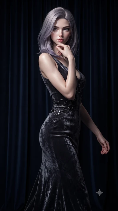 score_9, masterpiece, best quality, ultra-detailed, high-budget anime keyframe, editorial fashion photography, tasteful artistic composition, Caucasian woman. close-up cowboy shot from the waist and thighs up, the character dominates the composition,