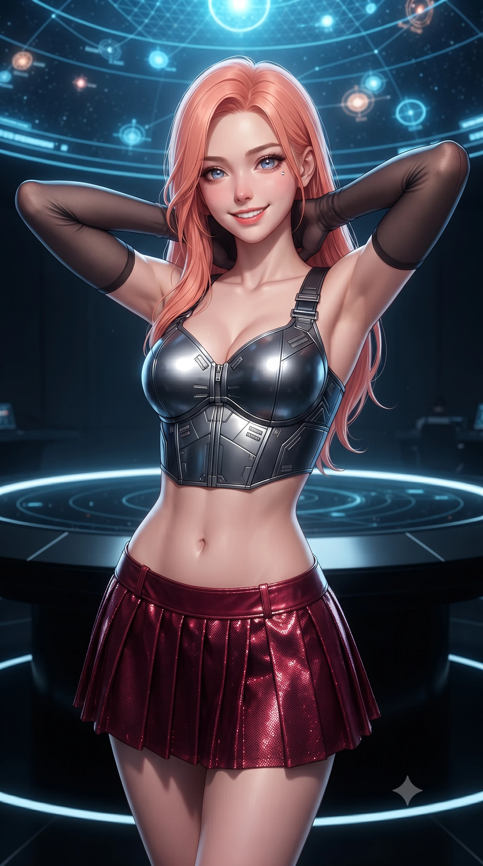 score_9, masterpiece, best quality, ultra-detailed, high-budget anime keyframe, editorial fashion photography, tasteful artistic composition, Japanese woman. close-up cowboy shot from the waist and thighs up, the character dominates the composition, filling the frame with her large presence. resting both hands lightly behind her neck with elbows raised, arching her spine to highlight her narrow waist, flat midriff, and breathtaking collarbones while standing poised at the center of the circular black obsidian war-room beneath a monumental 3D holographic star system map, arching her lower back with sovereign supermodel grace. The surrounding environment is rendered in vivid detail and crisp panoramic clarity: detailed tactical gown tailoring, futuristic rank insignia, and monumental command headquarters architecture in high resolution. She has an exceptionally elegant, slender, and willowy female figure with an ultra-slim waist, flat toned midriff, narrow ribcage, and sculpted feminine hips creating an alluring, slim hourglass silhouette without bulk. sharp v-shaped jawline, high-bridge nose, intricate jewel-like sparkling eyes with depth, thick eyelashes, glossy parted lips with a natural peach sheen, bright cheerful beaming smile with an enchanting and coquettish sensual glint, exuding both youthful cute charm and seductive allure, flawlessly proportioned anatomical accuracy, strict slender model proportions, natural body alignment, perfectly sculpted long slender limbs, ultra-slim waistline, clean dynamic posture without body distortion. wearing a chrome-plated tactical combat bustier top with reinforced underwire paired with a low-rise pleated micro combat skirt in deep crimson hazard red and matte dark titanium, crafted from stretch micro-mesh with liquid foil coating that shimmers with every movement, complemented by sheer opera-length evening gloves tracing her slender arms, the form-contouring silhouette accentuating her sculpted flat midriff, narrow delicate ribcage, and gracefully curvy hips with intoxicating allure. illuminated by polished obsidian dais bounce and sharp starlight-cyan rim lights defining her razor-sharp jawline, narrow waist, and curvy hips. ultra-reflective glossy finish, specular highlights, rich textural contrasts, high-contrast stereoscopic depth, volumetric dynamic lighting, 2k, ultra detail, master piece, 9:16 ratio