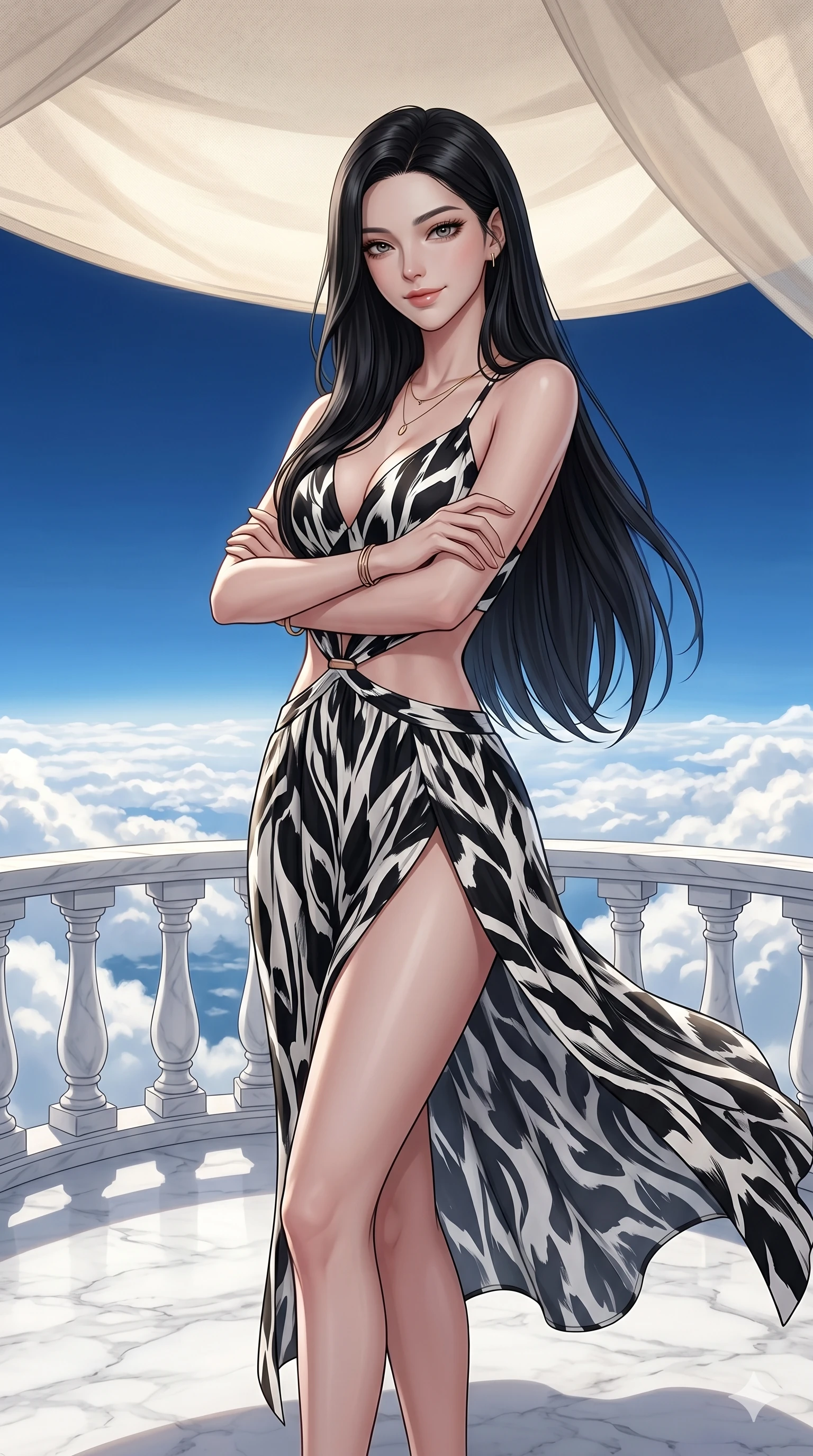 score_9, masterpiece, best quality, ultra-detailed, high-budget anime keyframe, editorial fashion photography, tasteful artistic composition, Korean woman. cowboy shot from the thighs up, character and outfit filling the frame for maximum editorial presence. crossing her arms and leaning back, casting a cool, bedroom-eyes smile at the camera on a floating marble balcony above a sunlit cloudscape of blue sky (Code-P19-116). She has an absolutely perfect 8-heads proportion, an exceptionally tall and slender female figure with impossibly long slender legs and an ultra-slim waist. V-shaped jawline, high-bridge nose, intricate jewel-like eyes with depth, thick eyelashes, glossy lips with a natural sheen. wearing a resort set featuring an exposed waist and high-slit cover-up. soft diffused light from a canvas canopy, highlighting her V-shaped jawline and nose. 2k, ultra detail, master piece, 9:16 ratio