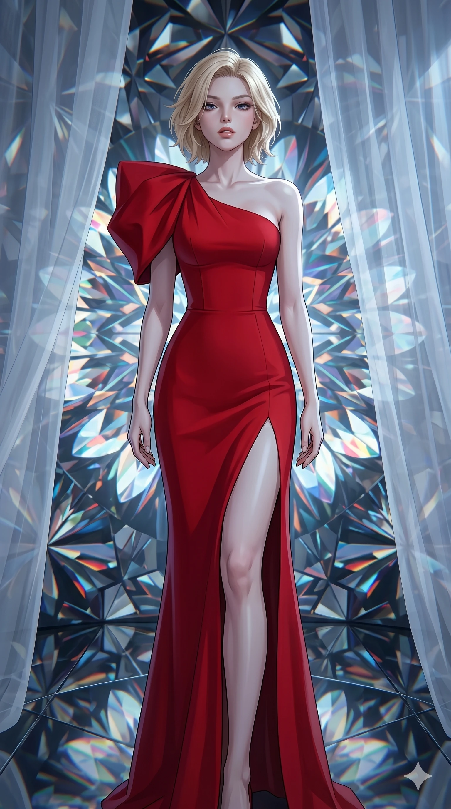 score_9, masterpiece, best quality, ultra-detailed, high-budget anime keyframe, editorial fashion photography, tasteful artistic composition, Caucasian woman, strictly human ears. cowboy shot from the thighs up, character and outfit filling the frame for maximum editorial presence. Tilting her chin up slightly with lips parted in a composed expression within a rotating kaleidoscope chamber where mirrored petals form endlessly shifting mandalas. She has an absolutely perfect 8-heads proportion, an exceptionally tall and slender female figure with impossibly long slender legs and an ultra-slim waist. V-shaped jawline, high-bridge nose, intricate jewel-like eyes with depth, thick eyelashes, glossy lips with a natural sheen. wearing a scarlet red crepe floor-length one-shoulder gown with a structured fitted bodice, a bold side slit ascending to mid-thigh, and dramatic architectural volume at the shoulder. bathed in cold silver moonlight filtered through translucent gossamer curtains casting soft shadows on her curves. 2k, ultra detail, master piece, 9:16 ratio
