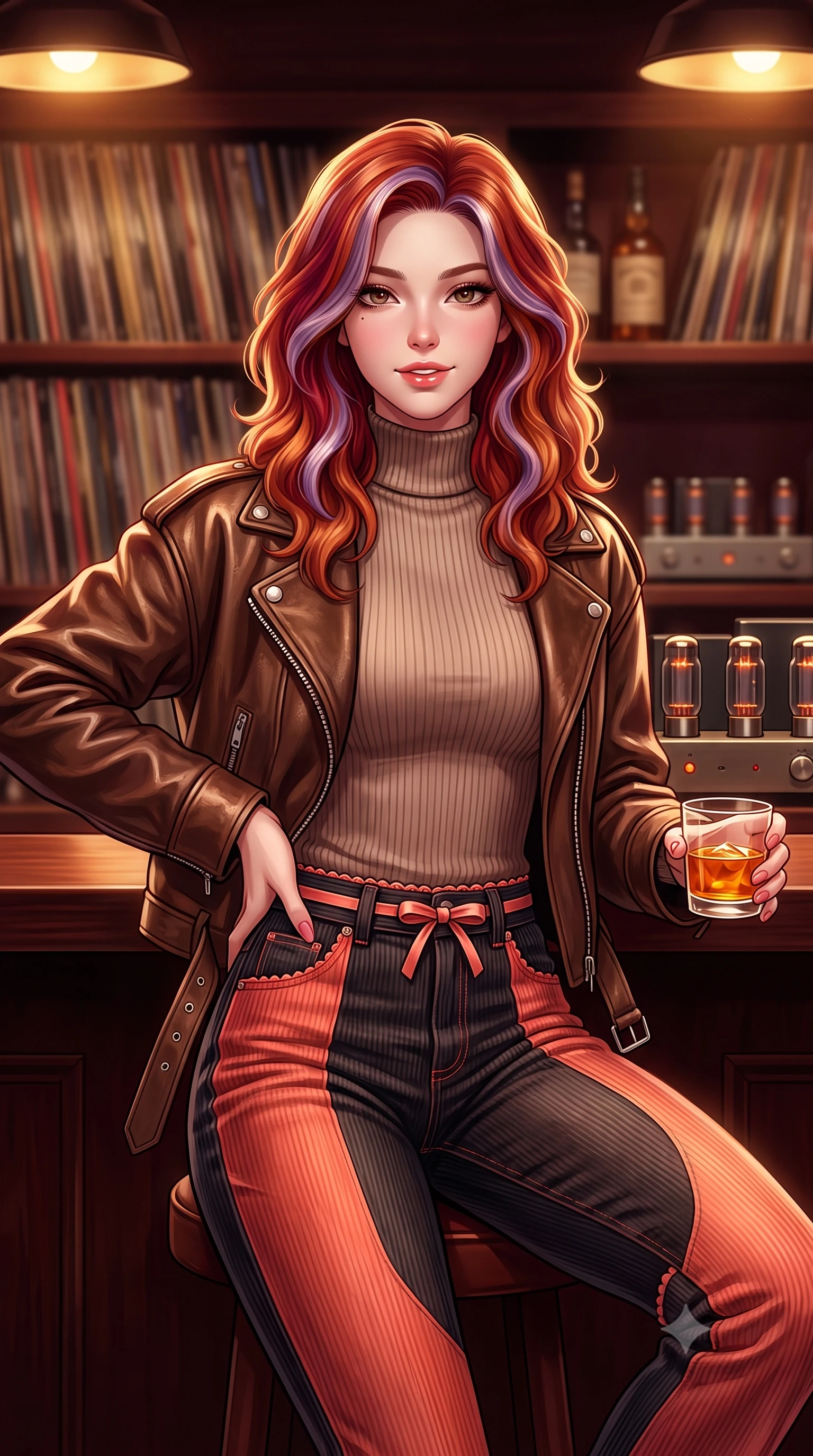score_9, masterpiece, best quality, ultra-detailed, high-budget anime keyframe, semi-realistic 3D game render, editorial fashion photography, tasteful artistic composition, Caucasian woman. close-up cowboy shot from the waist and thighs up, the character dominates the composition, filling the frame with her large presence. smiling with subtle, enchanting allure and glossy parted lips, one hand resting on her waist with effortless supermodel poise while sitting at the dark mahogany bar counter of an intimate jazz lounge, holding an amber drink with relaxed, classy elegance. The composition keeps background elements in soft focus with creamy bokeh. walls of vintage vinyl record spines and glowing vacuum tube amplifiers blurred into rich mahogany, amber, and whiskey-gold bokeh. She has an exceptionally elegant, slender, and willowy female figure with an ultra-slim waist, a gracefully sculpted slender torso, toned flat midriff, and a refined slim silhouette. sharp v-shaped jawline, high-bridge nose, intricate jewel-like eyes with depth, thick eyelashes, glossy lips with a natural sheen, captivating and magnetic expression, flawlessly proportioned anatomical accuracy, strict slender model proportions, natural body alignment, perfectly sculpted long slender limbs, ultra-slim waistline, clean dynamic posture without body distortion. wearing an iconic oversized vintage brown leather biker jacket worn over a snug ribbed turtleneck and high-rise mom jeans in retro neon coral and washed black denim, tailored from soft fine-wale corduroy with rich velvety texture, finished with a dainty waist ribbon bow and scalloped hemline trims, the breezy yet form-flattering drape swaying gracefully with her steps, accentuating her long willowy limbs and slim waistline. surrounded by a classy, soulful, and deeply romantic retro audiophile sweetheart aura. highly saturated vibrant anime colors, detailed shading with soft gradients, rich glossy textures, high-contrast stereoscopic depth, volumetric dynamic lighting, master piece, 9:16 ratio
