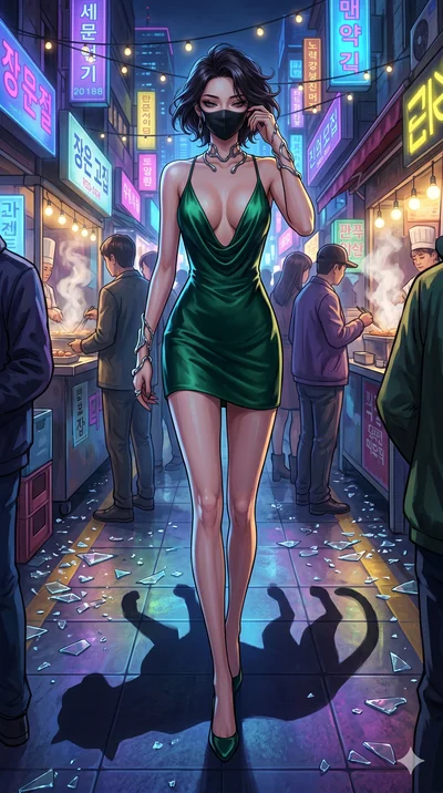 score_9, masterpiece, best quality, ultra-detailed, Set A: High-budget Anime Keyframe, Korean woman. Low angle cowboy shot filling the entire 9:16 frame with her statuesque presence. Adjusting a mask through a neon-lit Neo-Seoul market, while her sha