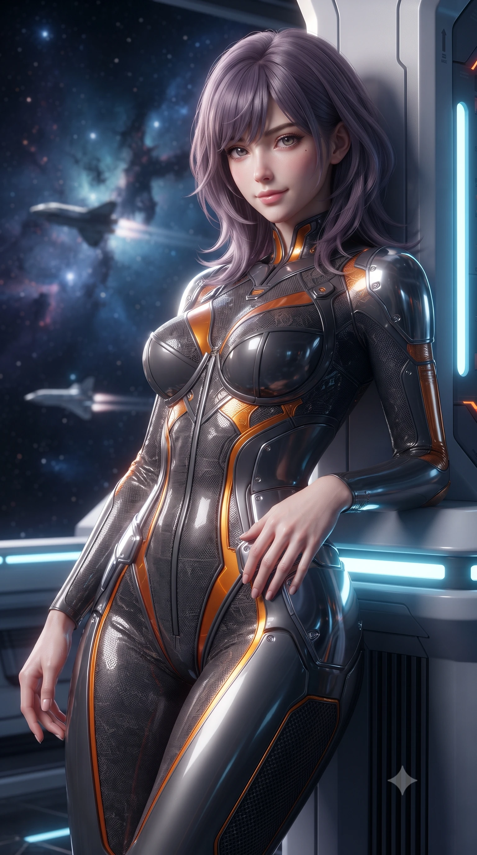 score_9, masterpiece, best quality, ultra-detailed, high-budget anime keyframe, editorial fashion photography, tasteful artistic composition, Japanese woman. close-up cowboy shot from the waist and thighs up, the character dominates the composition, filling the frame with her large presence. leaning back against the glowing maintenance bulkhead with relaxed seductive grace, her flat midriff and narrow waist highlighted as laser ambient light traces her curves while pausing mid-stride with one hand touching her hip armor, her statuesque 8.5-heads silhouette commanding the vast cosmic panoramic vista. The background shows a soft-focus orbital transit shuttles trailing faint ion exhausts in the distance softened in futuristic high-orbit shallow focus. She has an exceptionally elegant, slender, and willowy female figure with an ultra-slim waist, flat toned midriff, narrow ribcage, and sculpted feminine hips creating an alluring, slim hourglass silhouette without bulk. sharp v-shaped jawline, high-bridge nose, intricate jewel-like sparkling eyes with depth, thick eyelashes, glossy parted lips with a natural sheen, bright confident smile with an enchanting and coquettish sensual glint, exuding both youthful magnetic charm and sovereign high-tech allure, flawlessly proportioned anatomical accuracy, strict slender model proportions, natural body alignment, perfectly sculpted long slender limbs, ultra-slim waistline, clean dynamic posture without body distortion. wearing a sheer technical lace and carbon composite bodysuit with architectural cup boning and open back in stealth charcoal slate and molten laser orange, made of smooth liquid latex with high-contrast stereoscopic depth and wet shine, accented with strategically placed chrome armor plate guards covering key curves, the high-waisted tailoring accentuating her ultra-slim waistline and the enchanting curve of her feminine hips with alluring dark charm. illuminated by internal skybridge LED pathway wash and sharp platinum rim lights defining her sculpted collarbones, ultra-slim waist, and curvy hips. ultra-reflective glossy finish, specular highlights, rich textural contrasts, high-contrast stereoscopic depth, volumetric dynamic lighting, 2k, ultra detail, master piece, 9:16 ratio