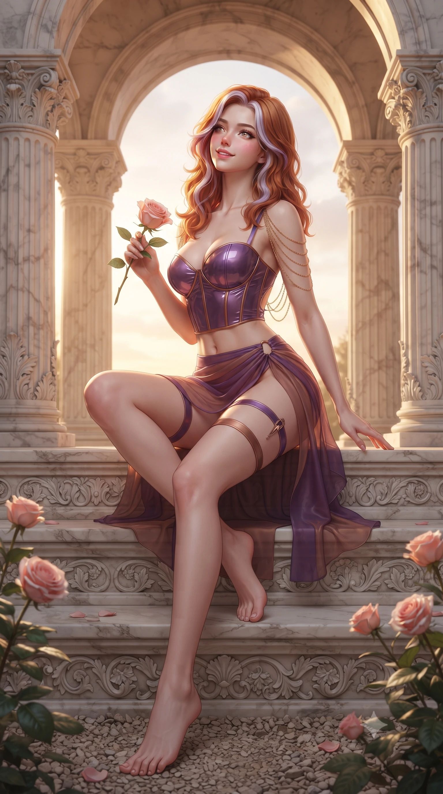 score_9, masterpiece, best quality, ultra-detailed, high-budget anime keyframe, editorial fashion photography, tasteful artistic composition, Caucasian woman. low angle full-body shot from head to toe showing her feet, filling the entire 9:16 vertical frame with her statuesque presence, stretching her vertical silhouette. sitting poised on the stone steps with one knee bent, arching her spine with supermodel elegance as she glances upward through thick eyelashes while sitting gracefully on the carved marble bench with legs crossed, holding a freshly cut blush rose with alluring, parted-lip charm. The surrounding environment is rendered in vivid detail and crisp panoramic clarity: sharp carved marble capital acanthus leaves, velvety rose petal veins, and gravel pathway pebbles in deep focus. She has an exceptionally tall and slender model-like 8.5-heads proportion, an ultra-slim waist, a flat toned midriff, narrow delicate ribcage, and beautifully sculpted feminine hips creating a graceful, slim hourglass silhouette without any bulky heaviness, with impossibly long slender legs. sharp v-shaped jawline, high-bridge nose, intricate jewel-like sparkling eyes with depth, thick eyelashes, glossy parted lips with a natural peach sheen, bright cheerful beaming smile with an enchanting and coquettish sensual glint, exuding both youthful cute charm and seductive allure, flawlessly proportioned anatomical accuracy, strict slender model proportions, natural body alignment, perfectly sculpted long slender limbs, ultra-slim waistline, clean dynamic posture without body distortion. wearing a wet-look form-fitting vinyl bustier paired with a high-slit sheer-layered wrap mini skirt and thigh-strap accents in Mirage sunset amethyst purple and warm bronze, tailored from crisp duchess satin with architectural structure and high-gloss luster, accented with an open-back drape framed by falling strands of delicate gold chains, the form-contouring silhouette accentuating her sculpted flat midriff, narrow delicate ribcage, and gracefully curvy hips with intoxicating allure. bathed in warm 2900K sunset light streaming through classical marble arches mixed with soft sea-reflection fill. ultra-reflective glossy finish, specular highlights, rich textural contrasts, high-contrast stereoscopic depth, volumetric dynamic lighting, 2k, ultra detail, master piece, 9:16 ratio