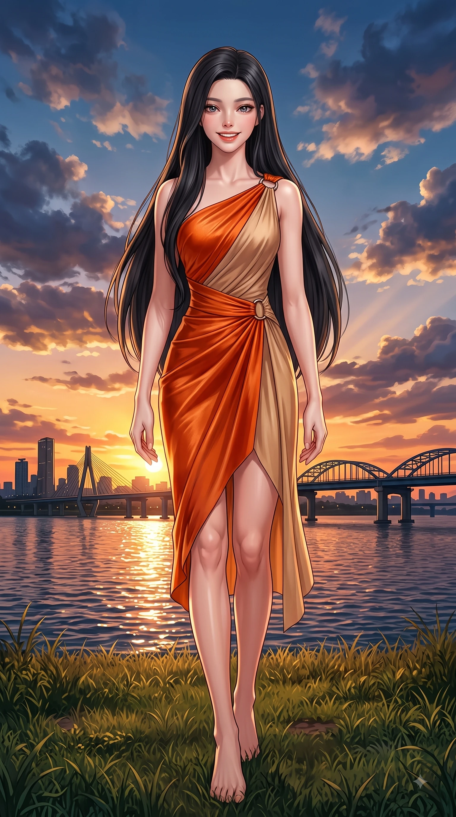 score_9, masterpiece, best quality, ultra-detailed, high-budget anime keyframe, editorial fashion photography, tasteful artistic composition, Korean woman. low angle full-body shot from head to toe showing her feet, filling the entire 9:16 vertical frame with her statuesque presence, stretching her vertical silhouette. walking forward in a proud dynamic stride with a cheerful beaming smile, her vertical silhouette filling the frame while resting on her knees on the grass as warm sunset rays illuminate her radiant beauty. The surrounding environment is rendered in vivid detail and crisp panoramic clarity. sparkling river waters, iconic city bridge outlines, and dramatic sunset sky clouds in crisp detail. She has an absolutely perfect, statuesque 8.5-heads proportion, an exceptionally tall and slender model-like female figure with impossibly long slender legs and an ultra-slim waist. sharp v-shaped jawline, high-bridge nose, intricate jewel-like eyes with depth, thick eyelashes, glossy lips with a natural sheen, flawlessly proportioned anatomical accuracy, natural body alignment, perfectly sculpted elegant limbs, clean dynamic posture without body distortion. wearing an asymmetrical draped chiffon midi dress with a sleek shoulder accent in bright burnt orange and warm beige, made of lustrous stretch velvet, accented with subtle metallic ring hardware framing her waist, the elegant draped fit framing her graceful clavicle and slender torso. surrounded by a serene, uplifting, and romantic park ambiance. highly saturated vibrant anime colors, detailed shading with soft gradients, rich glossy textures, high-contrast stereoscopic depth, volumetric dynamic lighting, master piece, 9:16 ratio