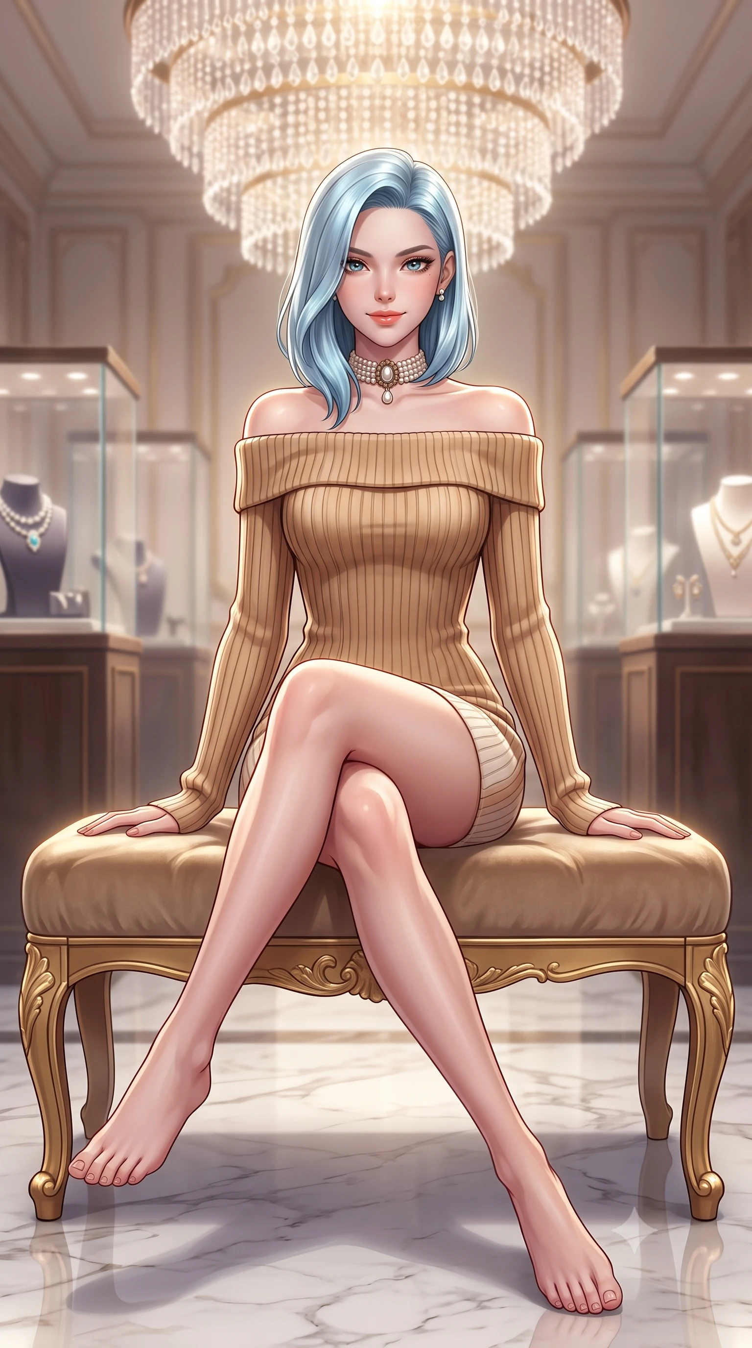 score_9, masterpiece, best quality, ultra-detailed, high-budget anime keyframe, semi-realistic 3D game render, editorial fashion photography, tasteful artistic composition, Korean woman. low angle full-body shot from head to toe showing her feet, filling the entire 9:16 vertical frame with her statuesque presence, stretching her vertical silhouette. sitting gracefully on the plush bench with legs crossed and angled toward the camera, highlighting her long slender limbs and hourglass waist while standing poised in the center of the palatial boutique salon beneath a cascading crystal chandelier, flashing a chic supermodel smile. The background shows a soft-focus glass display cases with luxury jewels softened in opulent Parisian palace shallow focus. She has an exceptionally tall and slender model-like 8.5-heads proportion, an ultra-slim waist, a flat toned midriff, narrow delicate ribcage, and beautifully sculpted feminine hips creating a graceful, slim hourglass silhouette without any bulky heaviness, with impossibly long slender legs. sharp v-shaped jawline, high-bridge nose, intricate jewel-like sparkling eyes with depth, thick eyelashes, glossy parted lips with a natural peach sheen, bright cheerful beaming smile with an enchanting and coquettish sensual glint, exuding both youthful cute charm and seductive allure, flawlessly proportioned anatomical accuracy, strict slender model proportions, natural body alignment, perfectly sculpted long slender limbs, ultra-slim waistline, clean dynamic posture without body distortion. wearing a snug off-the-shoulder thick ribbed knit sweater dress in warm camel clinging to her hourglass contours in soft champagne ivory and warm biscuit beige, tailored from form-contouring ribbed merino wool hugging her torso like a second skin, complemented by an antique baroque pearl choker accentuating her delicate neck and collarbones, the second-skin tailored fabric adhering flawlessly to her sculpted flat midriff and slender torso, emphasizing her long leg lines and perfectly proportioned willowy build. illuminated by polished marble floor bounce and pristine champagne rim lights defining her razor-sharp jawline and elegant tailored silhouette. highly saturated vibrant anime colors, detailed shading with soft gradients, rich glossy textures, high-contrast stereoscopic depth, volumetric dynamic lighting, master piece, 9:16 ratio