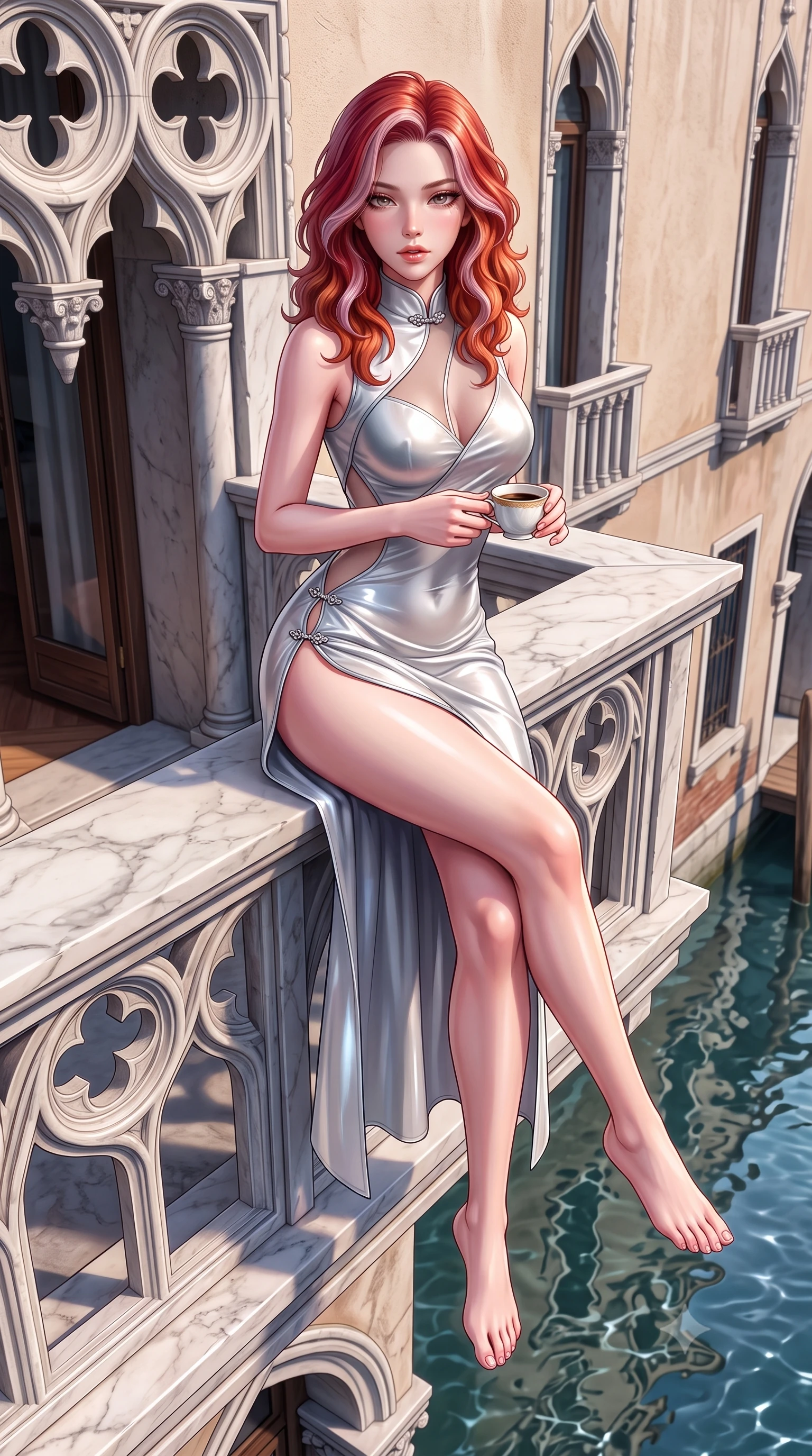 score_9, masterpiece, best quality, ultra-detailed, high-budget anime keyframe, semi-realistic 3D game render, editorial fashion photography, tasteful artistic composition, Caucasian woman. low angle full-body shot from head to toe showing her feet, filling the entire 9:16 vertical frame with her statuesque presence, stretching her vertical silhouette. sitting perched on the elevated edge with hips angled toward the camera and legs crossed, displaying her toned midriff and flawlessly sculpted slender limbs while perching on the marble terrace parapet with legs crossed, arching her lower back while holding a delicate porcelain cup of espresso. The surrounding environment is rendered in vivid detail and crisp panoramic clarity. sharp carved gothic cloverleaf stonework, canal water surface tension, and palazzo stucco texture in deep focus. She has an exceptionally tall and slender model-like 8.5-heads proportion, an ultra-slim waist, a flat toned midriff, narrow delicate ribcage, and beautifully sculpted feminine hips creating a graceful, slim hourglass silhouette without any bulky heaviness, with impossibly long slender legs. sharp v-shaped jawline, high-bridge nose, intricate jewel-like eyes with depth, thick eyelashes, glossy parted lips with a natural sheen, intensely captivating and seductive bedroom-eyes expression, flawlessly proportioned anatomical accuracy, strict slender model proportions, natural body alignment, perfectly sculpted long slender limbs, ultra-slim waistline, clean dynamic posture without body distortion. wearing a wet-look silk fusion wrap dress with asymmetrical sheer mesh cutouts and high Mandarin collar in shimmering silver mercury and pearl white, tailored from ultra-smooth duchess satin with a pearlescent sheen, finished with an ultra-high side slit secured by miniature jeweled clasps, the second-skin form-contouring cut accentuating her sculpted flat midriff, narrow delicate ribcage, and gracefully curvy hips with supermodel precision. illuminated by soft specular water glints carving her razor-sharp jawline, narrow waist, and curvy hips. highly saturated vibrant anime colors, detailed shading with soft gradients, rich glossy textures, high-contrast stereoscopic depth, volumetric dynamic lighting, master piece, 9:16 ratio