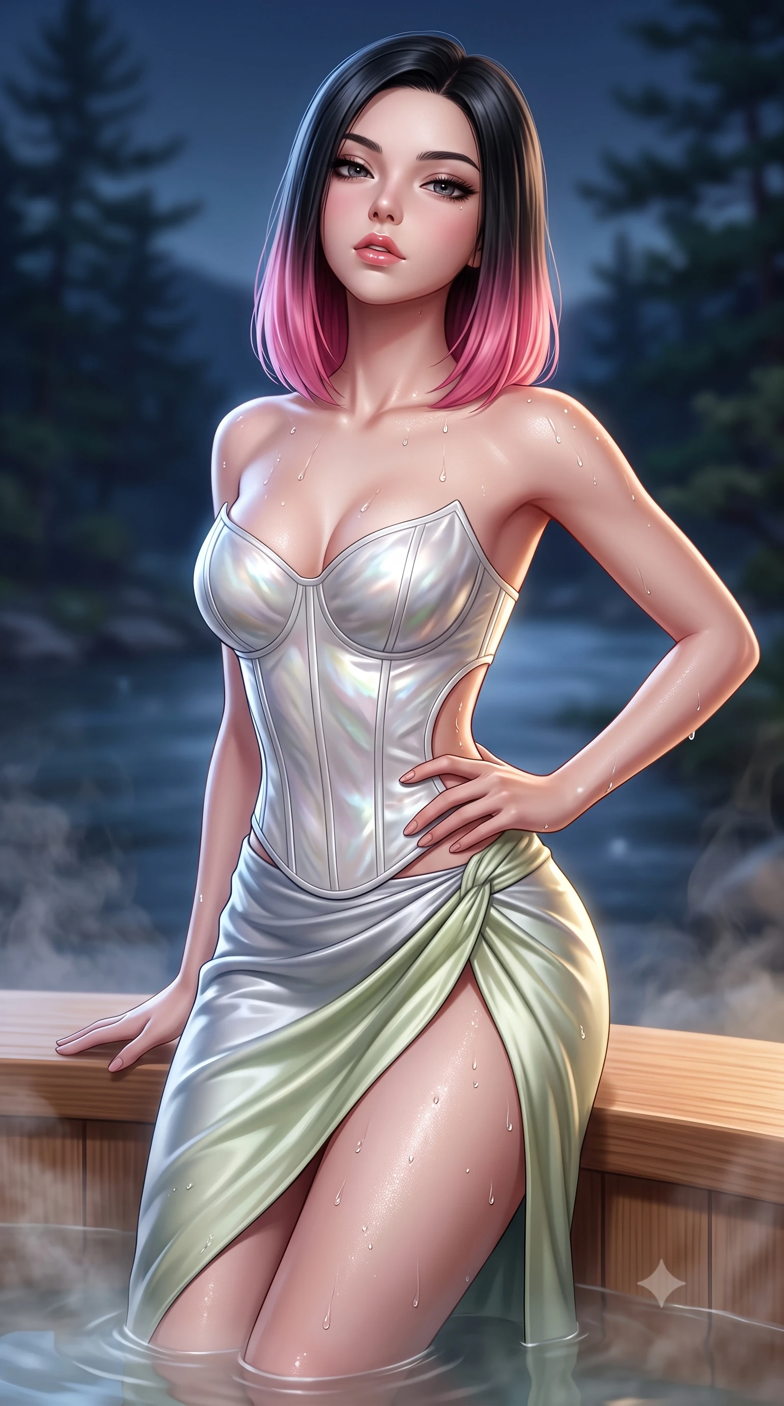 score_9, masterpiece, best quality, ultra-detailed, high-budget anime keyframe, semi-realistic 3D game render, editorial fashion photography, tasteful artistic composition, Korean woman. close-up cowboy shot from the waist and thighs up, the character dominates the composition, filling the frame with her large presence. tilting her chin up with proud, sovereign allure while gazing through thick eyelashes, one hand resting on her waist in pure supermodel charisma while perching on the smooth cedar wood rim of a steaming outdoor footbath, water droplets beading on her hip as she glances back with parted glossy lips. The composition keeps background elements in soft focus with creamy bokeh. distant Katsura river waters and dark pine silhouettes softened in dreamy nocturnal shallow focus. She has an exceptionally elegant, slender, and willowy female figure with an ultra-slim waist, a gracefully sculpted slender torso, toned flat midriff, and rounded feminine hips creating an alluring hourglass silhouette. sharp v-shaped jawline, high-bridge nose, intricate jewel-like eyes with depth, thick eyelashes, glossy parted lips with a natural sheen, intensely captivating and seductive bedroom-eyes expression, flawlessly proportioned anatomical accuracy, strict slender model proportions, natural body alignment, perfectly sculpted long slender limbs, ultra-slim waistline, clean dynamic posture without body distortion. wearing a sculpted mother-of-pearl corset top paired with a draped high-slit silk sarong skirt in moonlit silver and pale bamboo green, made of flexible second-skin stretch neoprene with specular wet sheen, accented with water droplets glistening on her bare collarbones and hips, the precision-cut side openings and low-back scoop framing her graceful spine and the sensual sweep of her hips. illuminated by wet specular highlights accentuating her slender neckline, sculpted waist, and rounded hips. highly saturated vibrant anime colors, detailed shading with soft gradients, rich glossy textures, high-contrast stereoscopic depth, volumetric dynamic lighting, master piece, 9:16 ratio