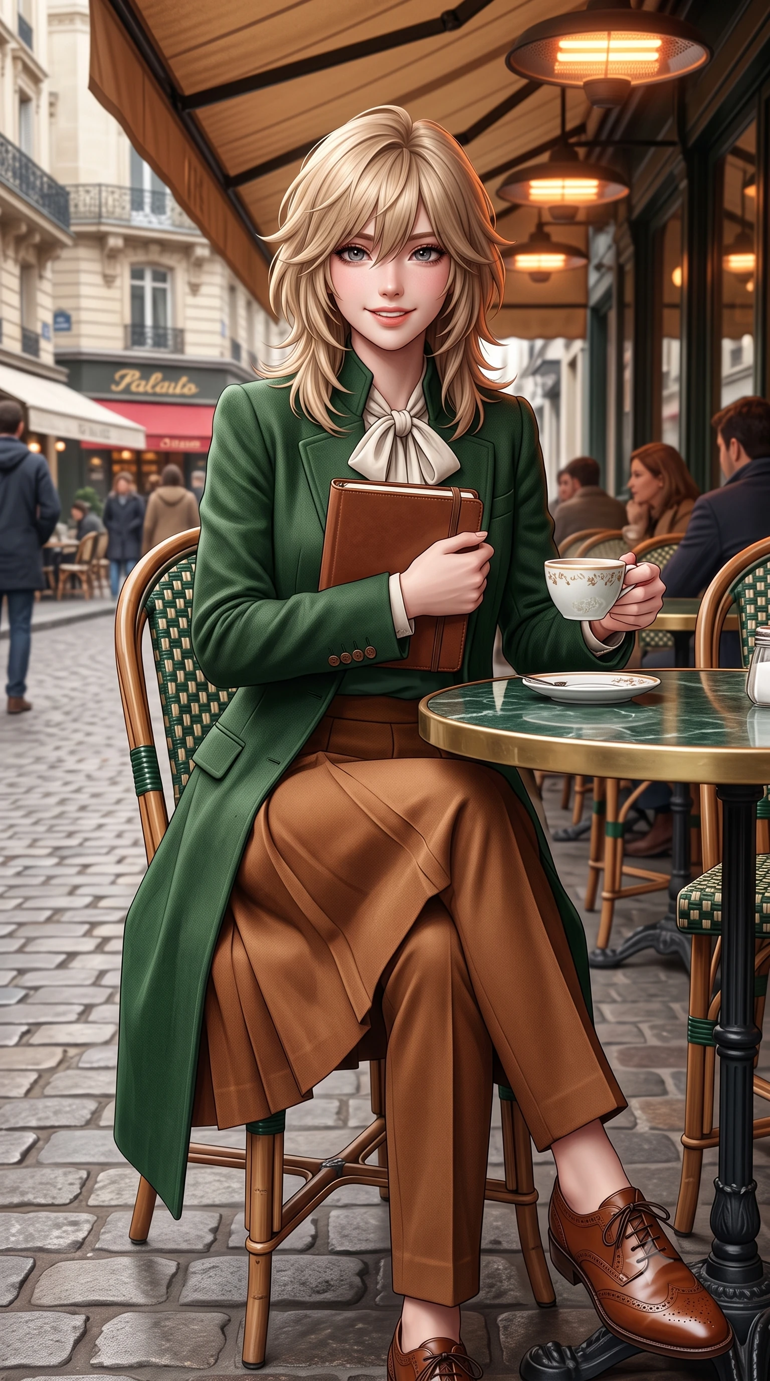 score_9, masterpiece, best quality, ultra-detailed, high-budget anime keyframe, semi-realistic 3D game render, editorial fashion photography, tasteful artistic composition, Japanese woman. close-up cowboy shot from the waist and thighs up, the character dominates the composition, filling the frame with her large presence. holding a leather notebook close to her chest with both arms, smiling delightfully with youthful scholarly grace while sitting poised at a round green marble bistrot table beneath the heated cafe awning, cradling a porcelain cup with a radiant French smile. The surrounding environment is rendered in vivid detail and crisp panoramic clarity: detailed silk pussy-bow blouse drape, tailored A-line wool skirt pleats, and authentic Parisian street furniture in high resolution. She has an exceptionally elegant, slender, and willowy female figure with an ultra-slim waist, flat toned midriff, narrow ribcage, and sculpted feminine hips creating an alluring, slim hourglass silhouette without bulk. sharp v-shaped jawline, high-bridge nose, intricate jewel-like sparkling eyes with depth, thick eyelashes, glossy parted lips with a natural peach sheen, bright cheerful beaming smile with an enchanting and coquettish sensual glint, exuding both youthful cute charm and seductive allure, flawlessly proportioned anatomical accuracy, strict slender model proportions, natural body alignment, perfectly sculpted long slender limbs, ultra-slim waistline, clean dynamic posture without body distortion. wearing a stand-collar tailored linen-silk coat layered over a minimalist silk tunic and straight-leg pressed trousers in heritage British racing green and warm cognac brown, crafted from ultra-soft Mongolian cashmere with exquisite insulating warmth and tactile softness, complemented by classic polished leather oxfords with brogue perforations, the sharp shoulder tailoring and gently nipped waist framing her slender torso with pristine sartorial perfection. bathed in soft overcast Parisian natural daylight warmed by glowing overhead outdoor patio heaters. highly saturated vibrant anime colors, detailed shading with soft gradients, rich glossy textures, high-contrast stereoscopic depth, volumetric dynamic lighting, master piece, 9:16 ratio