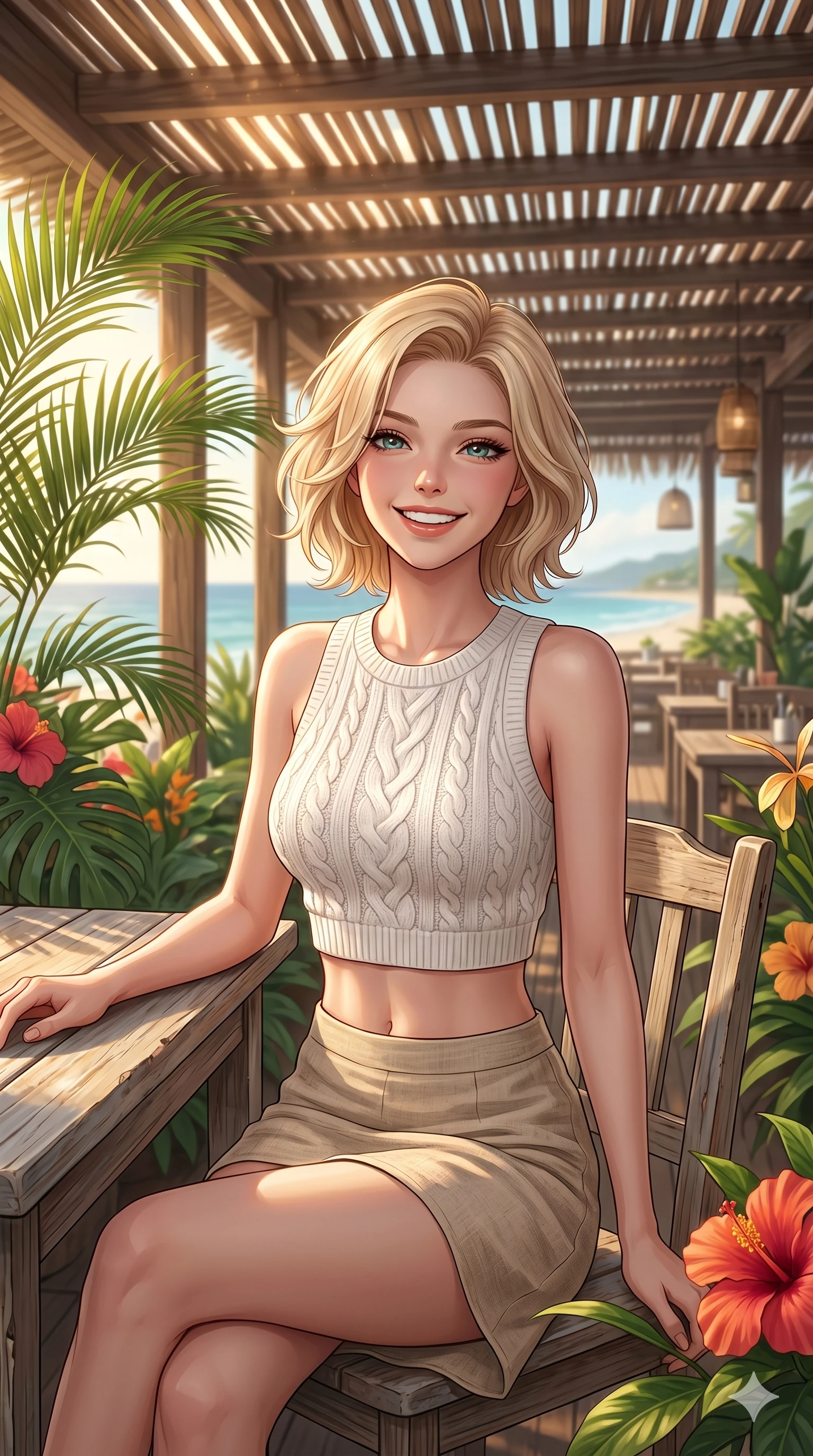 score_9, masterpiece, best quality, ultra-detailed, high-budget anime keyframe, editorial fashion photography, tasteful artistic composition, Caucasian woman, strictly human ears. cowboy shot from the thighs up, character and outfit filling the frame for maximum editorial presence. sitting at a table, looking up with a warm, welcoming grin and cheerful eyes inside an open-air restaurant by the sea, surrounded by tropical plants. She has an absolutely perfect 8-heads proportion, an exceptionally tall and slender female figure with impossibly long slender legs and an ultra-slim waist. V-shaped jawline, high-bridge nose, intricate jewel-like eyes with depth, thick eyelashes, glossy lips with a natural sheen. wearing a white knit crop top showing her elegantly sculpted midriff, and a linen skirt. bathed in warm golden sunlight filtering through the wooden slats of the roof. 2k, ultra detail, master piece, 9:16 ratio